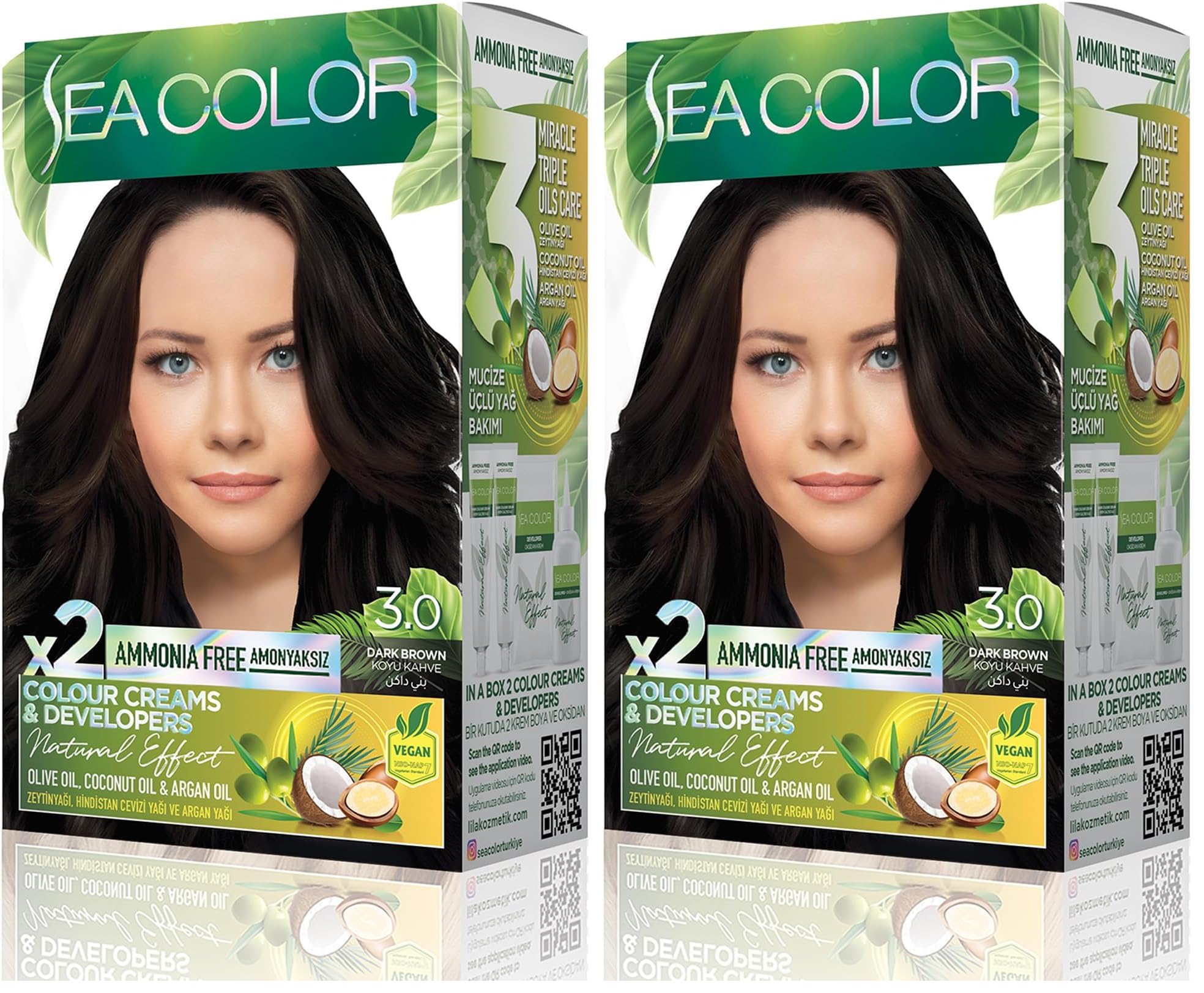 SEA COLOR Amonyaksız, Vegan, Doğal, Besleyici Kalıcı Saç Boyası%100 Beyaz Kapama (1 PAKET 2 x 50 ml Boya & OKSİDAN) (Koyu Kahve 3.0) (2 paketi)
