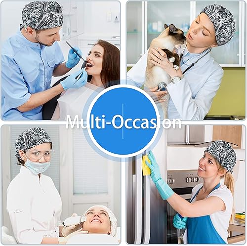 Miniatura 14 de QBA Adjustable Working Cap with Button, Cotton Working Hat Sweatband, Elastic Bandage Tie Back Hats for Women & Men, One