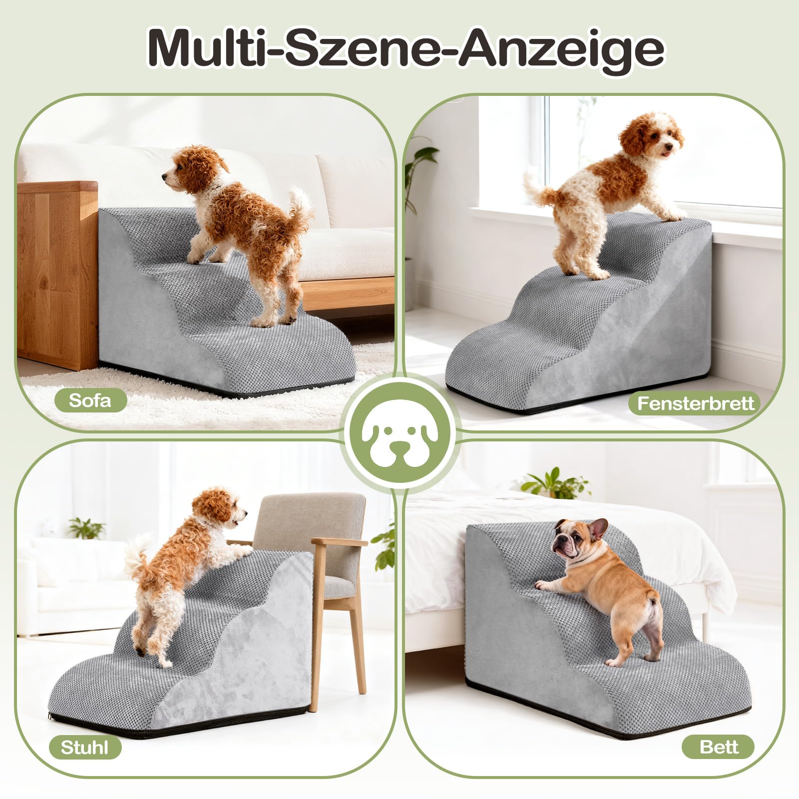 Hundetreppe für Kleine Hunde 40cm, 30D Hochdichter Schwamm Hundetreppe, Haustiertreppe für Bett Sofa mit Waschbarem Bezug und Rutschfestem Boden, 40x60x40cm, 3 Stufen, Grau
