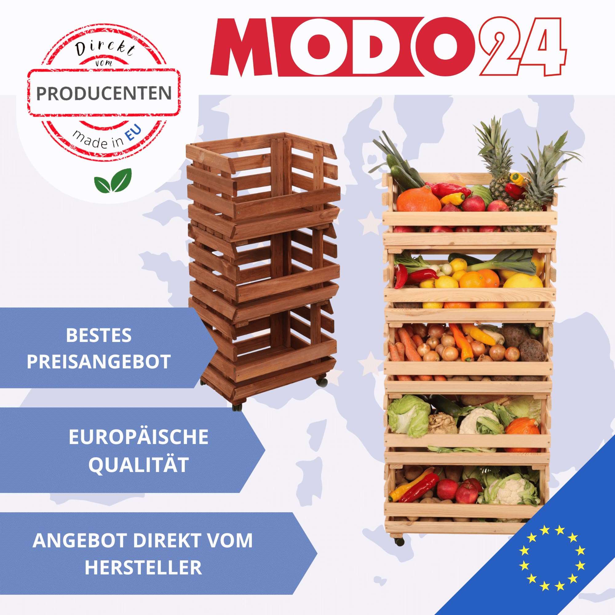 Modular Holzregal für Gemüse & Obst auf Rollen, Stapelbares Regalsystem aus Kiefernholz, 5 Holzkisten, Kartoffelsteige, Küchenregal, Vorratsregal, Gemüseregal, Abm. 132x37x30 cm, Fargbe: Grau