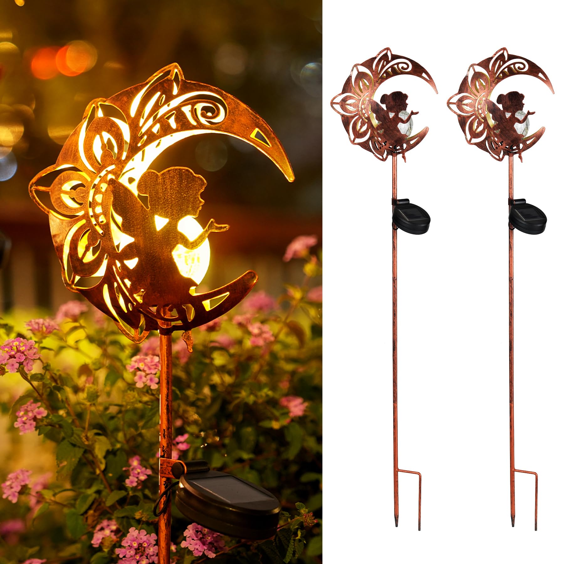 JOYCREATOR Mond Solarlampen für Außen Garten 2 Stück, Metall Solarleuchten für Außen Elfe Blumenfee IP65 wasserdichte, Solar Gartenleuchten für Außen Gartendeko Balkon Terrasse Weg Rasen Geschenke