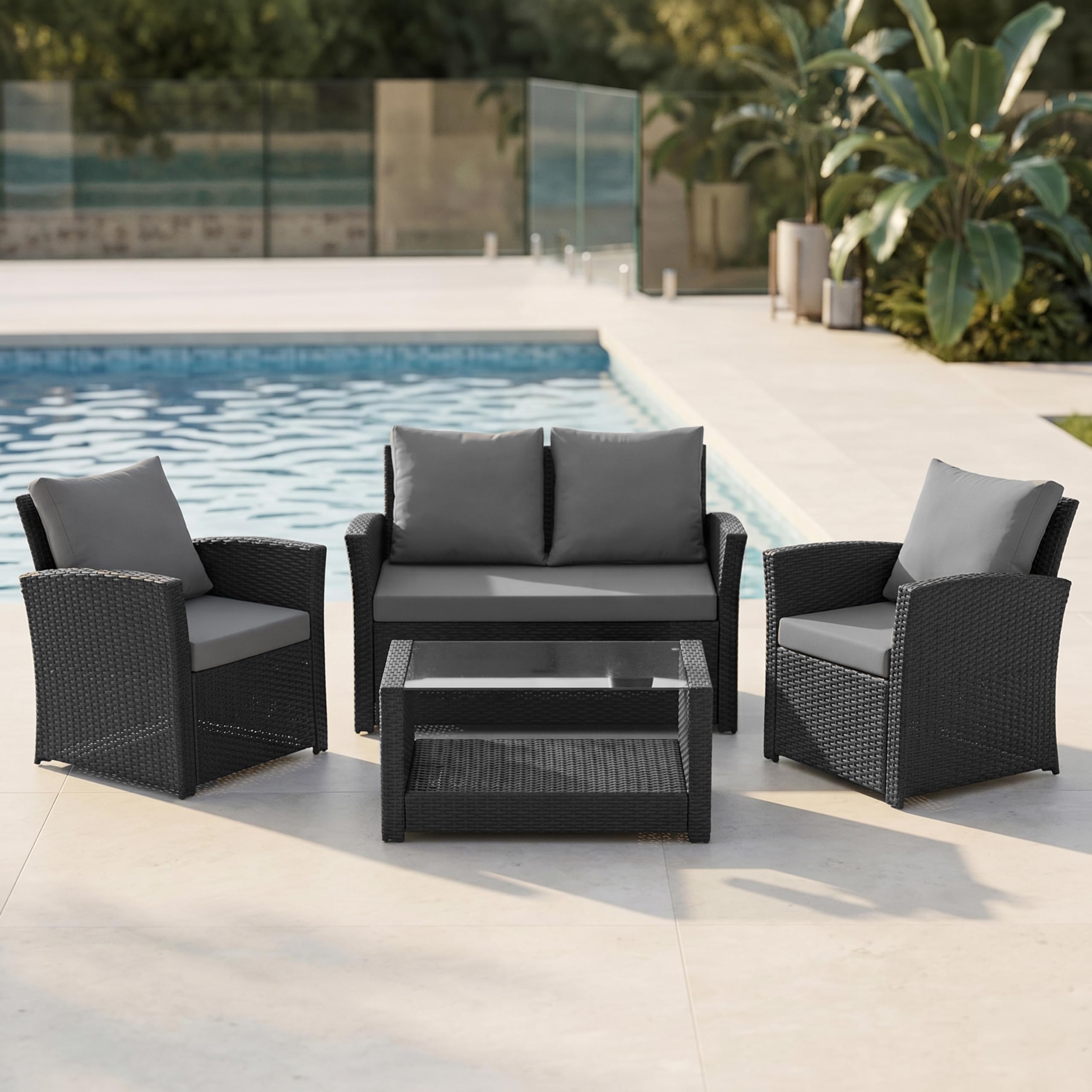 EVRE 4 Seater Rattan Garden Conservatory Patio Furniture Sofa Armchair Roma Set with Glass Top Coffee Table Wicker Weave Sofa and Cushions (Black)