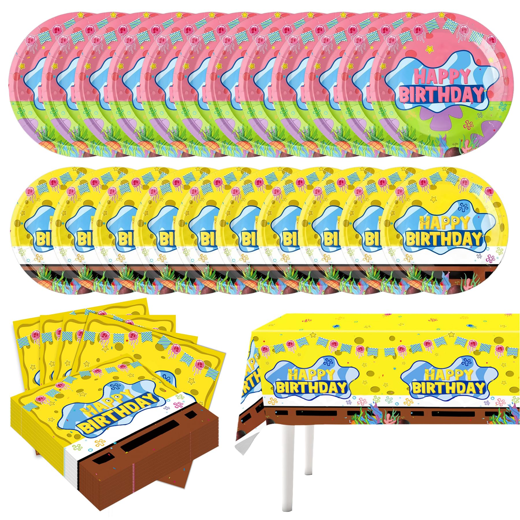 41 Pcs Yellow Cartoon Birthday Decorations , Cartoon Undersea Animal Tableware Set Ocean Themed Party Supplies - Paper Plates Napkins & Tablecloth