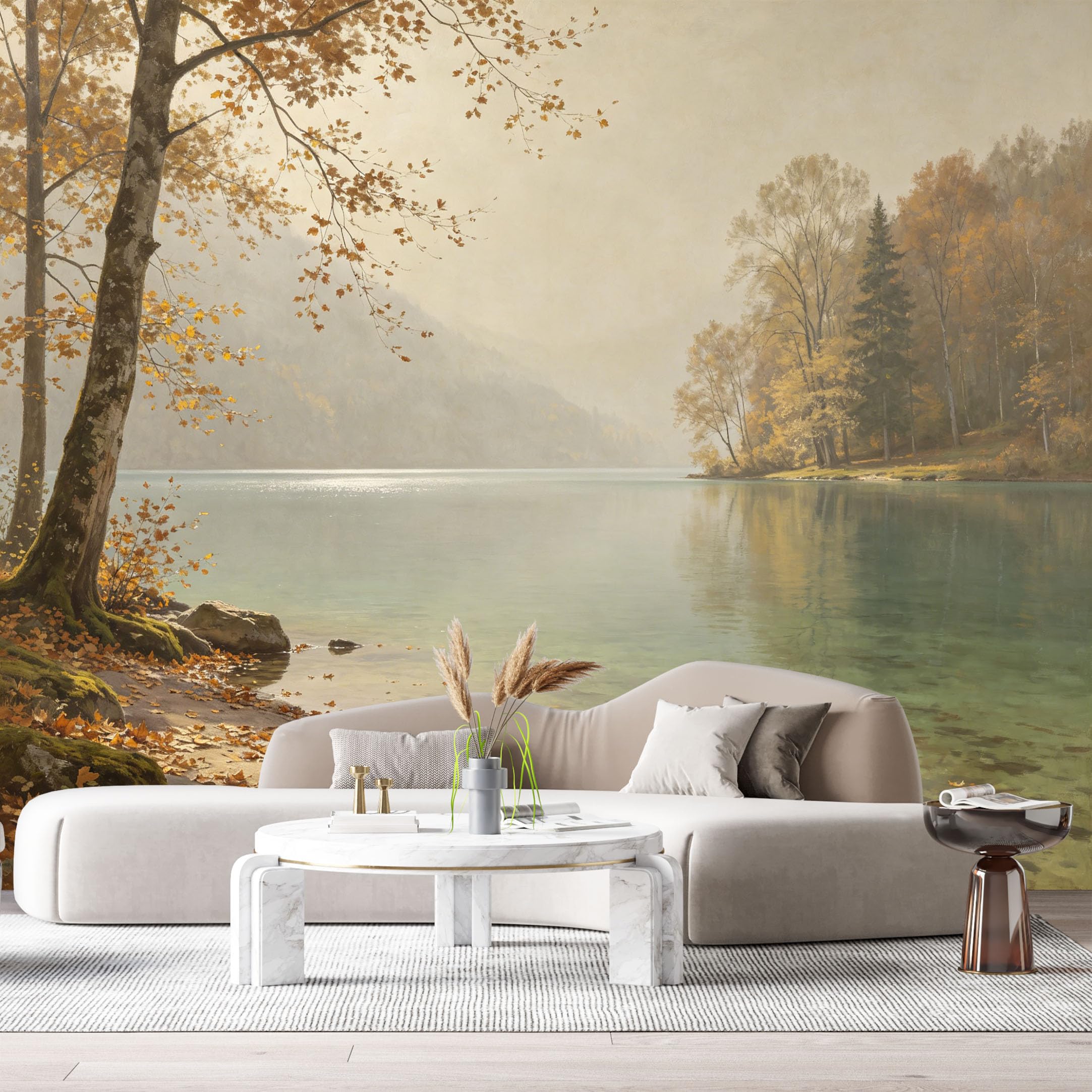 Custom Size Wall Murals Autumn Lake Landscape Oil Painting Forest Trees Calm Water Shore SelfAdhesive Wall Fabric Removable Large Wallpaper for Photo Living Room