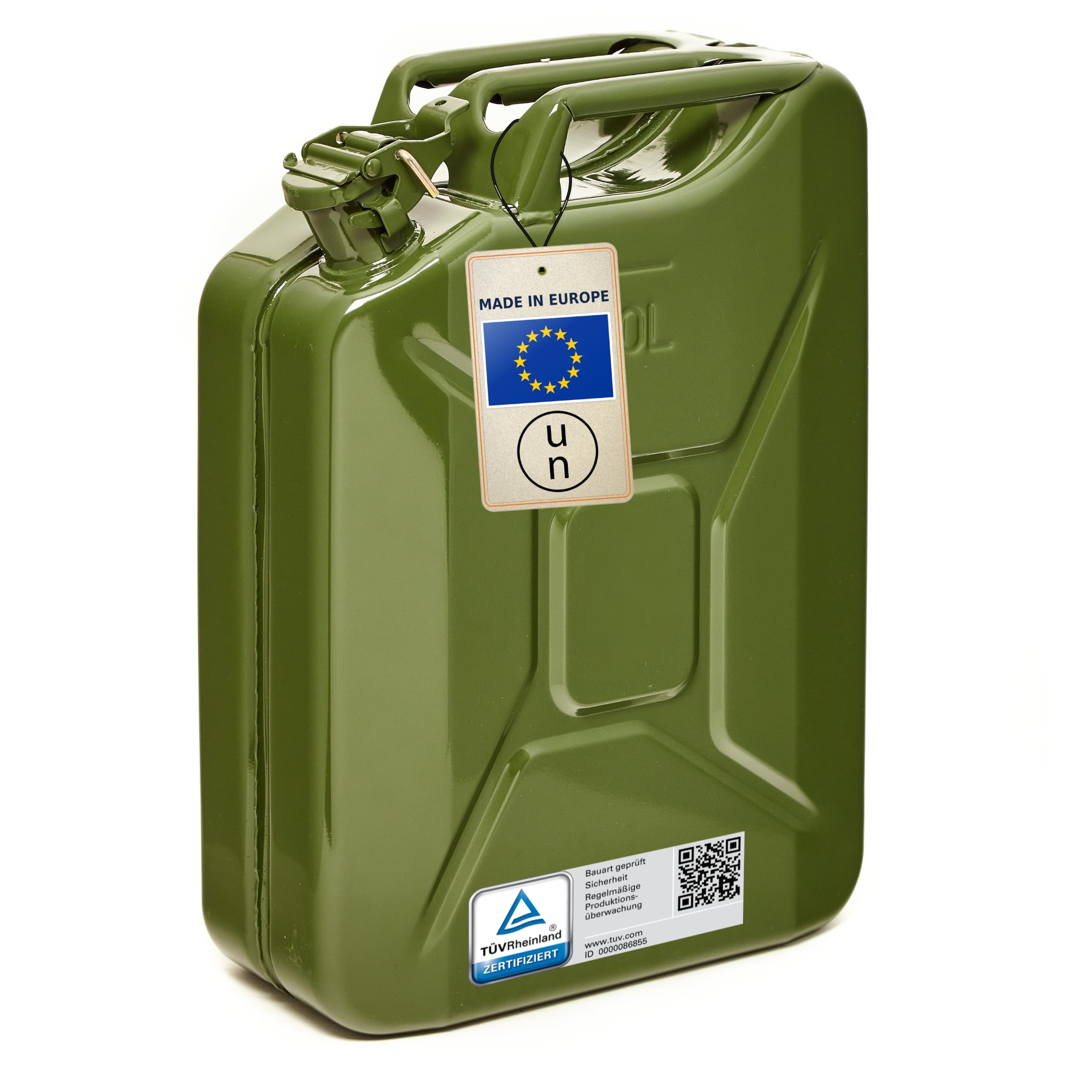 BW Benzinkanister Metall 20 Liter Kraftstoffkanister Olivgrün RAL 6003 TÜV-geprüft UN-Zulassung 0,9mm Stahl DIN 7274 Benzin Diesel E10 2-Takt Made in Europe