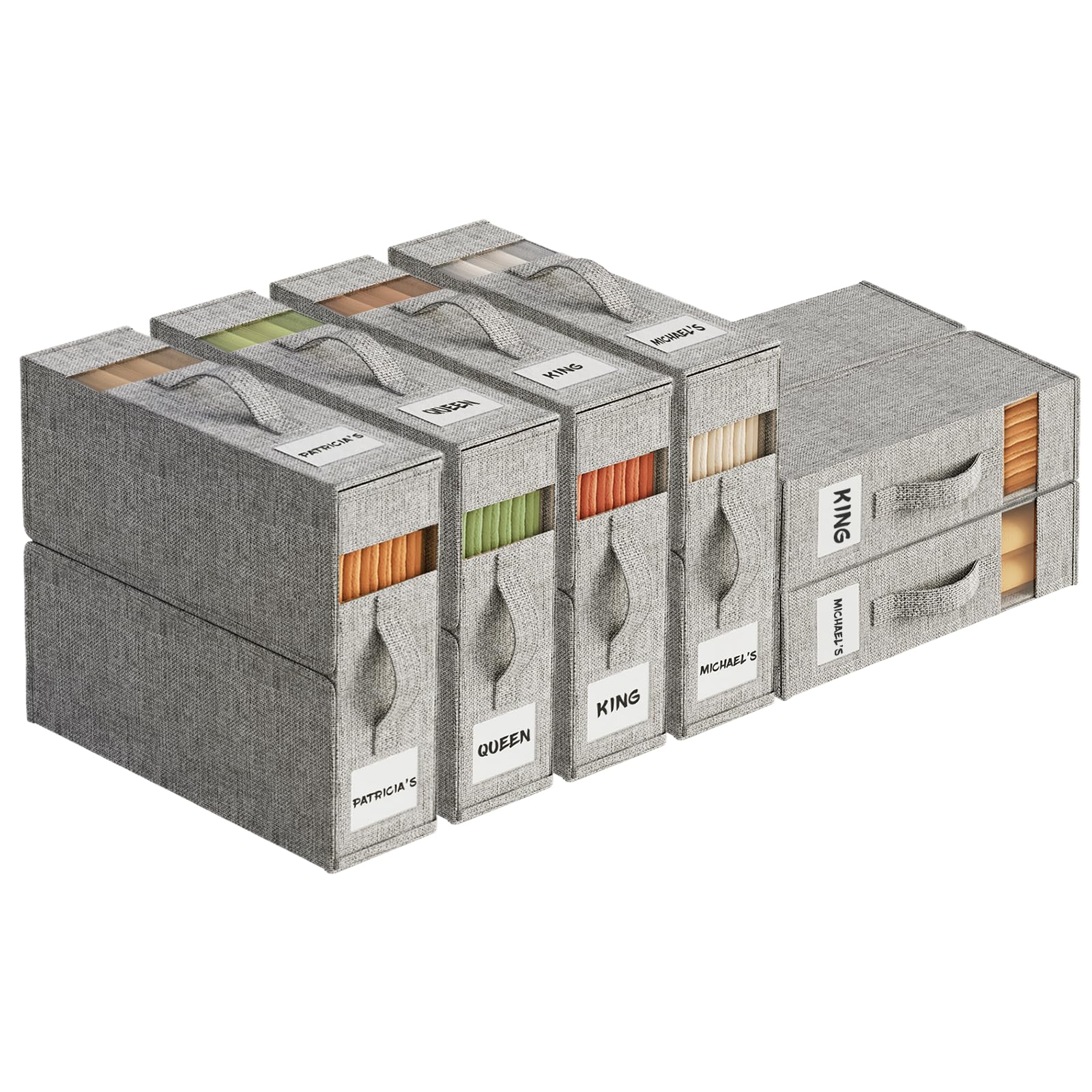 sheet organizers and storage with handles – foldable linen closet storage for king & queen sheet sets – clear window & removable labels – dustproof & space-saving design, grey,6 pack