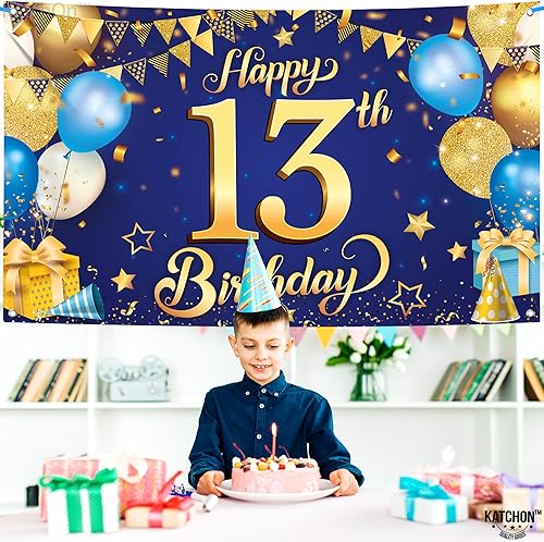 Miniatura 8 de KatchOn, Cartel azul extragrande de feliz cumpleaños número 13, 72 x 44 pulgadas, decoraciones de cumpleaños número 13 para niños y niñas,