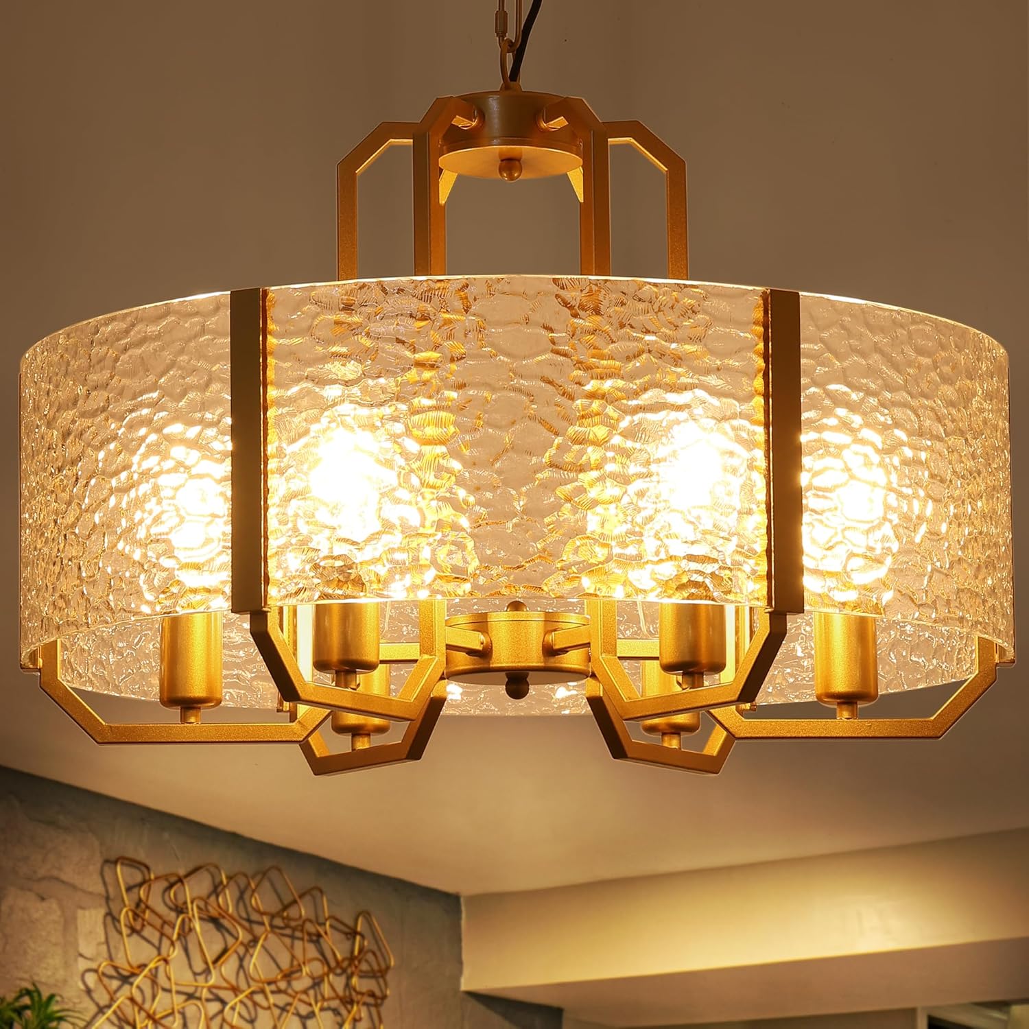 COCOSTAR Modern Glass Drum Chandeliers for Dining Room,6 Lights Farmhouse Crystal Chandelier,24" Vintage Foyer Lighting Fixtures,Gold Pendant Lights for Kitchen Island,Bedroom,Living Room