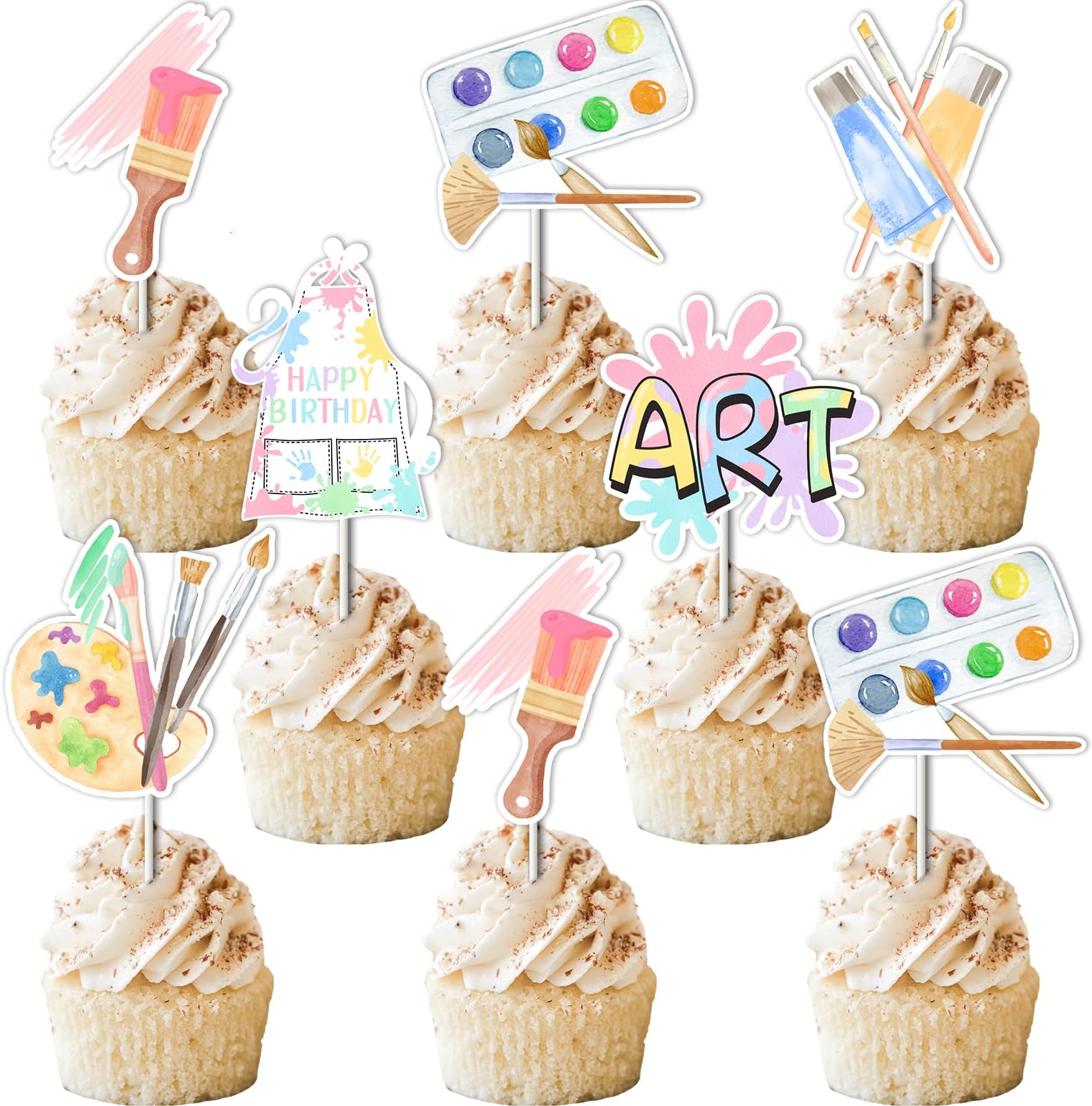 Art Birthday Party Decorations Girl - 24pcs Art Paint Party Cupcake Toppers, Pastel Rainbow Art Birthday Party Cake Decor for Crayon Painting Drawing Artist Birthday Party Supplies