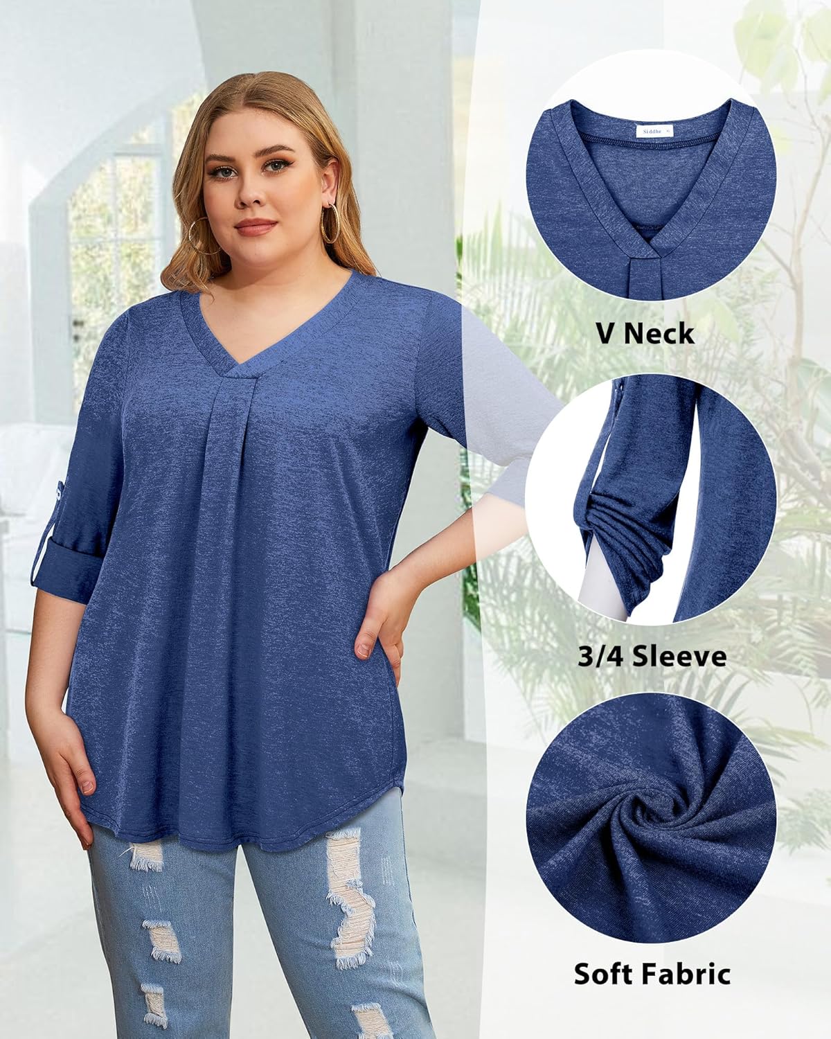 Siddhe Women's Plus Size Summer Tops 3/4 Sleeve Blouses Tunic Tops V Neck Casual Shirts 2024 Work Shirts for Plus Women Business Navy Blue XL - Image 5