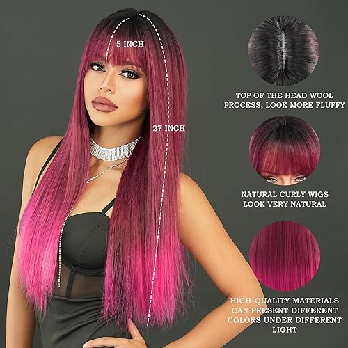 Miniatura 7 de 7JHH WIGS Peluca de 26 pulgadas de largo y lacio con flequillo, resistente al calor, peluca negra con reflejos rubios que hacen que las mujeres