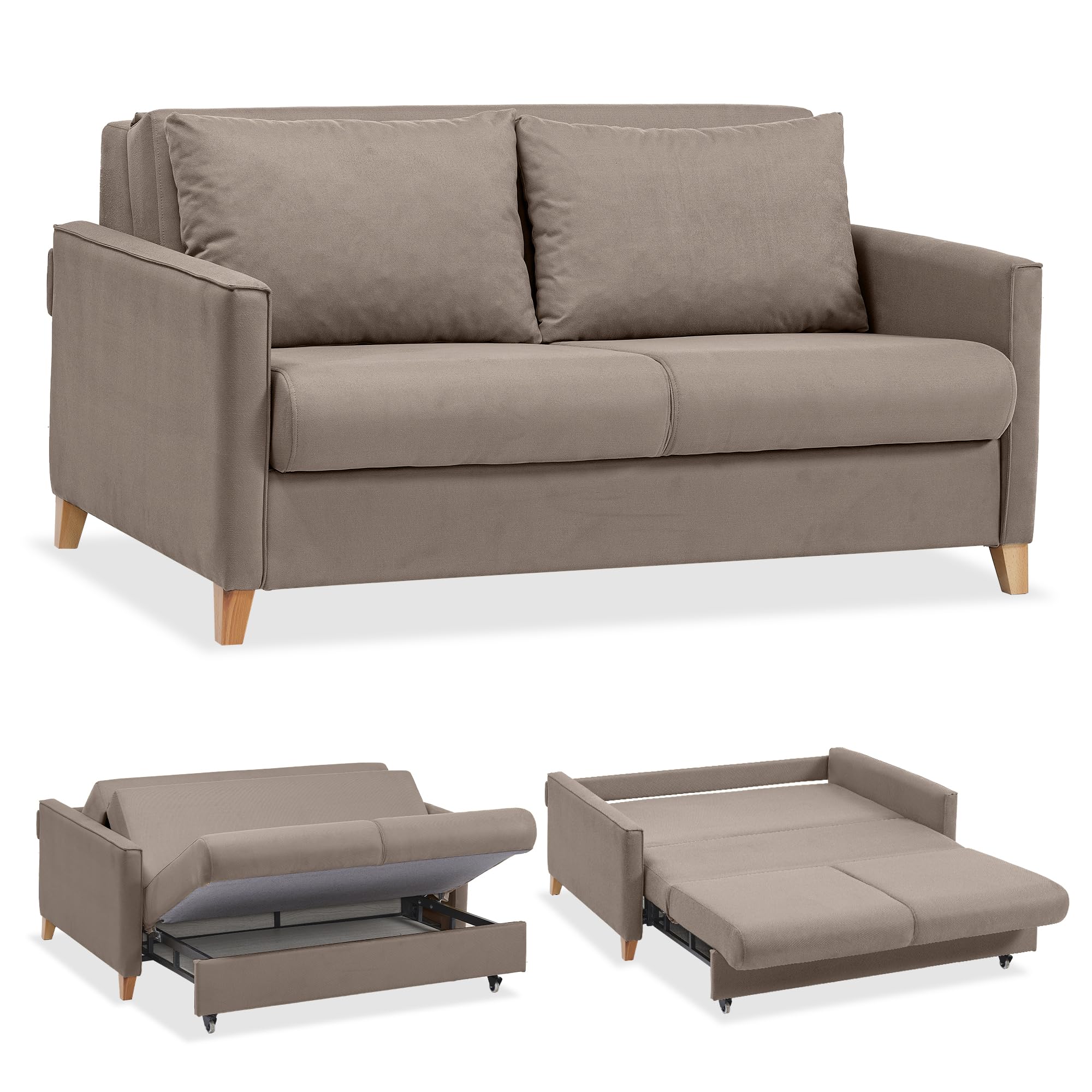 EVERGREENWEB - Divano Letto 2 Posti Matrimoniale L165xP110xA90 con Box Contenitore, Struttura Pieghevole Imbottita Tessuto Tortora, Schienale a Doppio Cuscino, Sofà con Chaise Longue Estraibile MARGOT