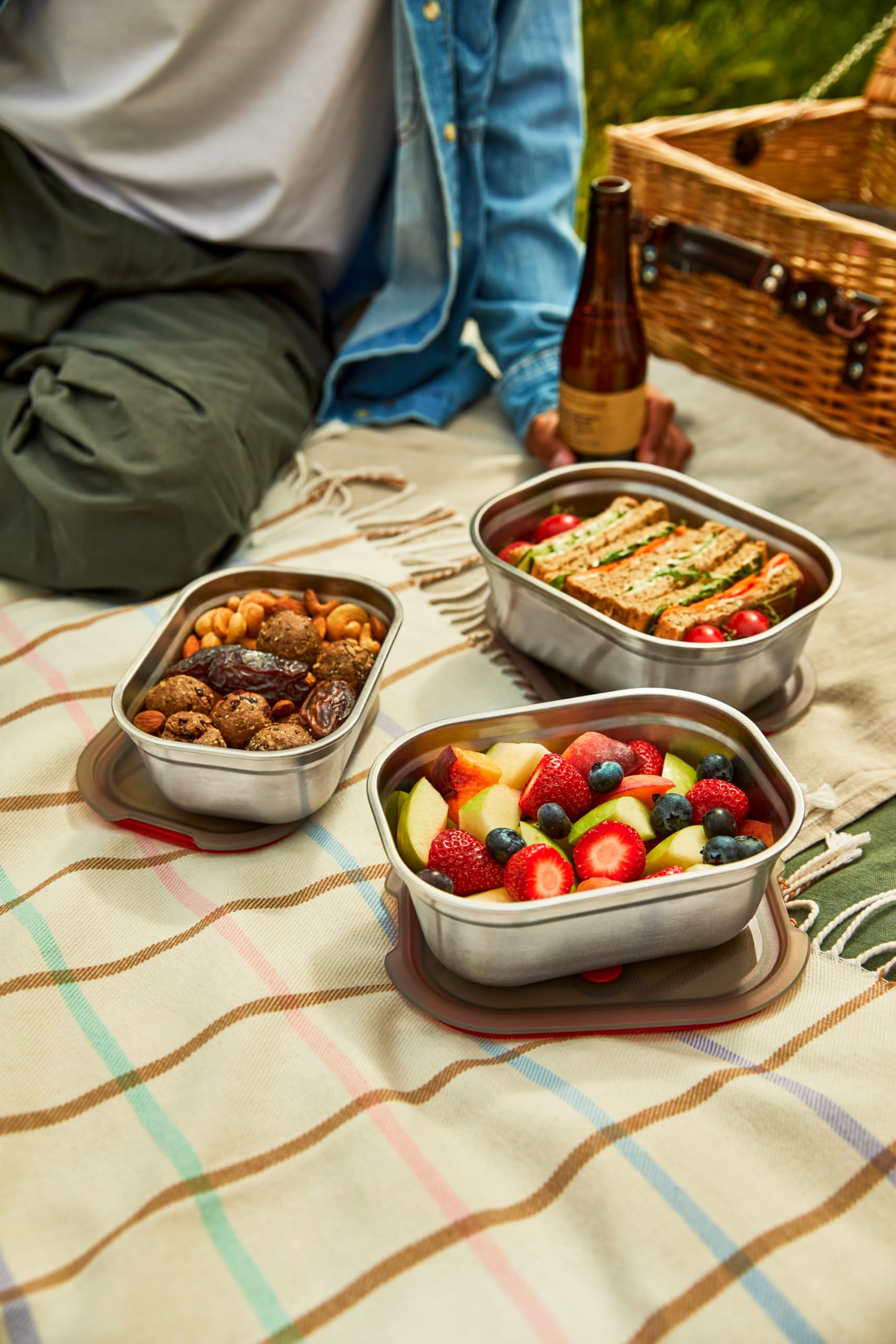 BLACK+BLUM recipientes Meal Prep 3 piezas 100 % herméticos con ventilación al vacío, acero inoxidable para comida, microondas, horno y congelador, perfectos para almuerzos, picnic y camping