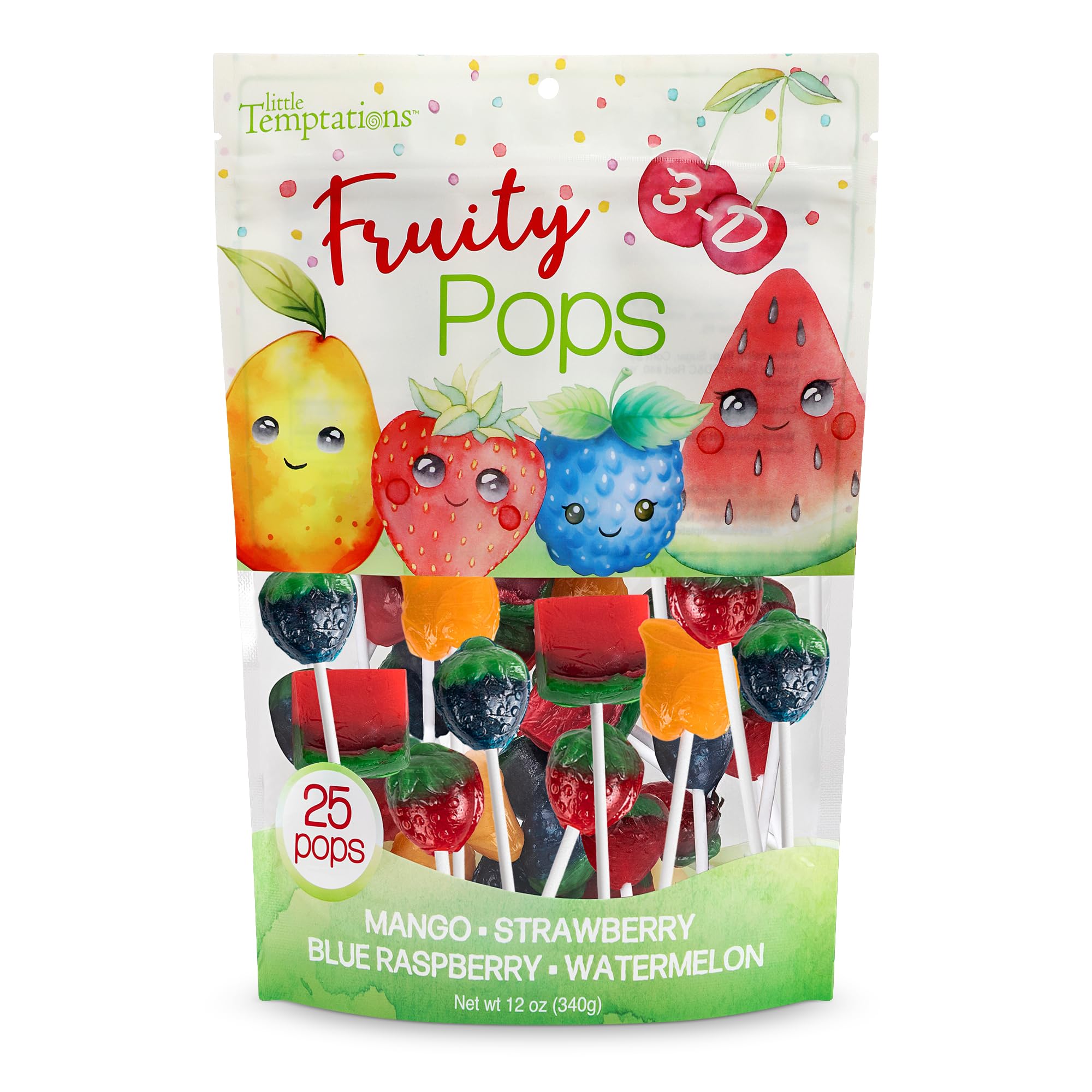 Fruit Shaped Lollipops, 25 Count, Assorted Flavored 3-D Fruit Suckers, Individually Wrapped Party Fun Favors, Mango, Blue Raspberry, Strawberry, and Watermelon Pops