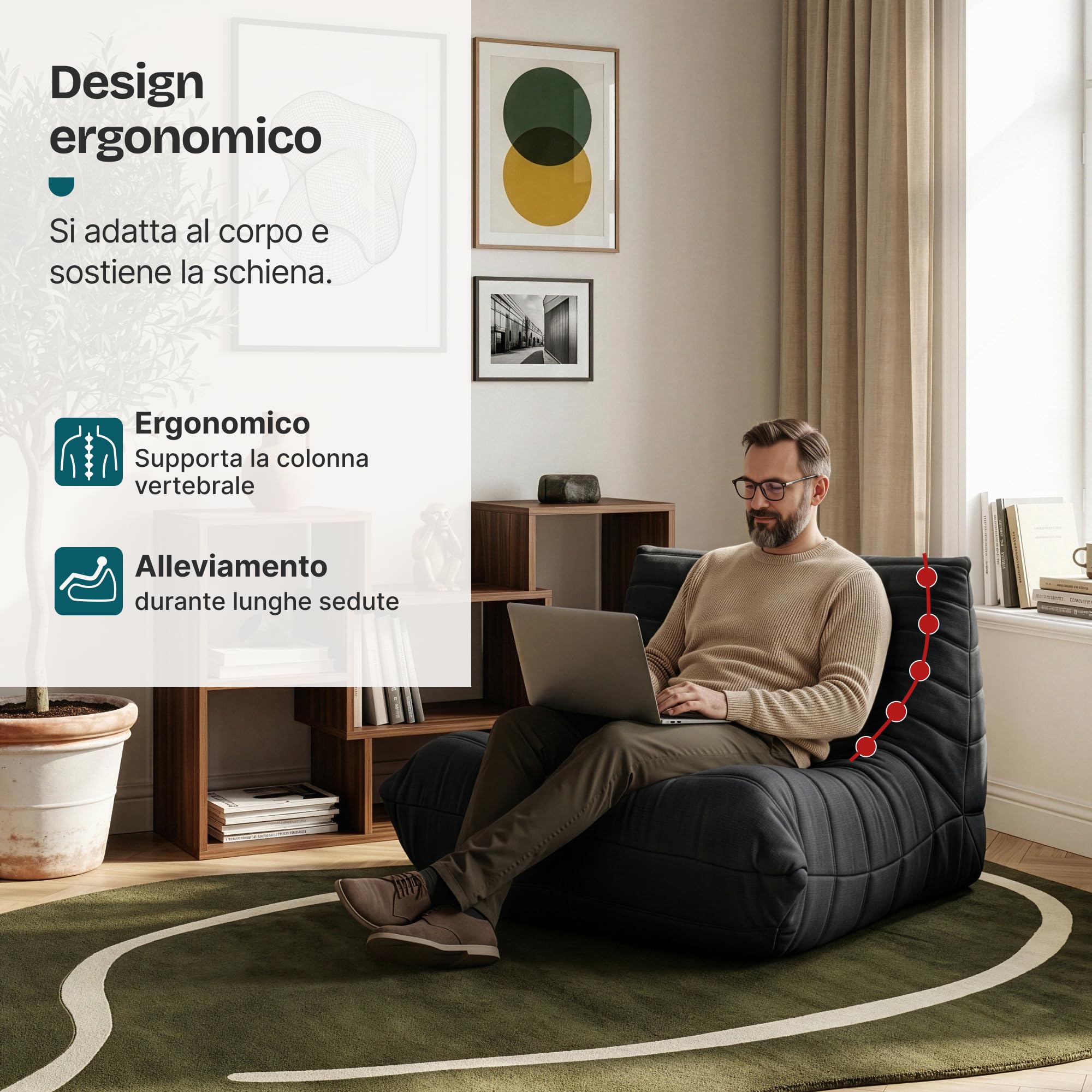 [en.casa] Poltrona Bassa Senza Braccioli Sedia Imbottita da Pavimento con Rivestimento Trapuntato in Microfibra Pouf Poltrona Relax Soggiorno Camera da Letto 75x90x100 cm - Nero