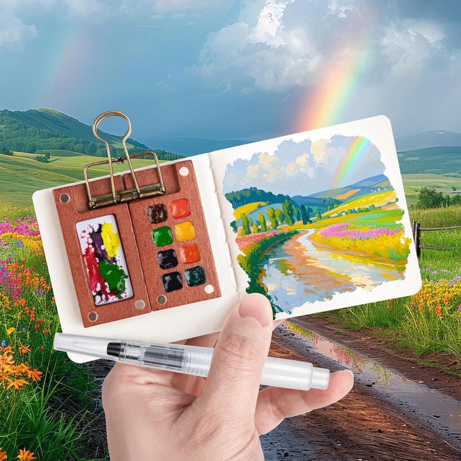 Pocket Artist Watercolor Travel Set, with 1 Walnut Wood Portable Palette (8 Grids), 12 Vibrant Paints, 2 Sketch Books, 6 Brush Pens, Mini Watercolor Paint Set for Artists, Outdoor or Urban Sketchers - Image 2