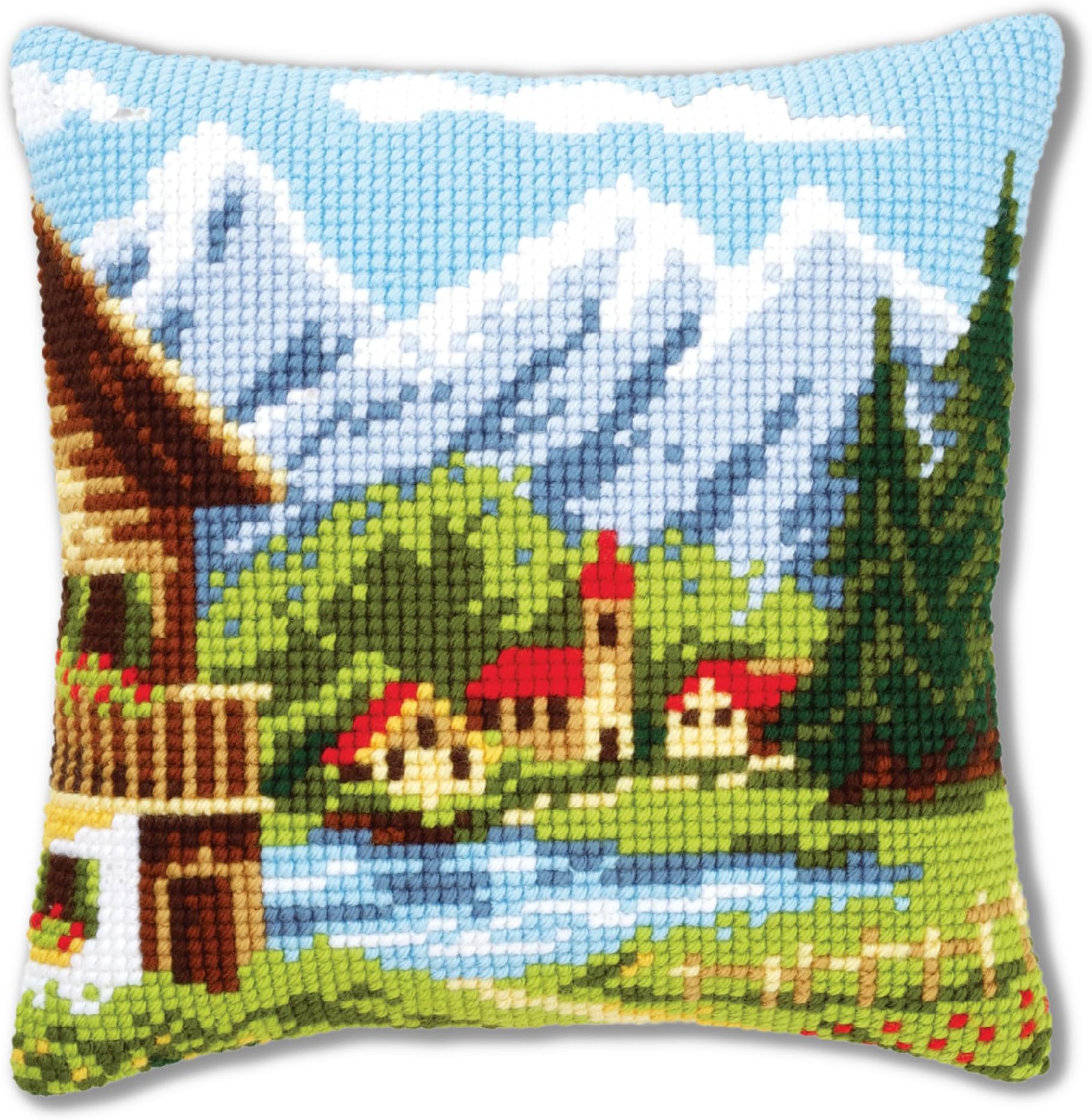 Cross Stitch Embroidery Kits Pillow Front for Self-Embroidery with Embroidery Pattern on 100% Cotton and Embroidery Thread, 15,75 x 15,75 Inches - 40 x 40 cm, Alpine Village