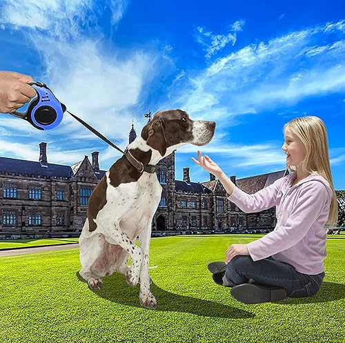 Miniatura 6 de Correa retráctil resistente para perros, cinta de nailon azul de 16 pies, sin enredos, mango antideslizante, con dispensador de bolsas de basura