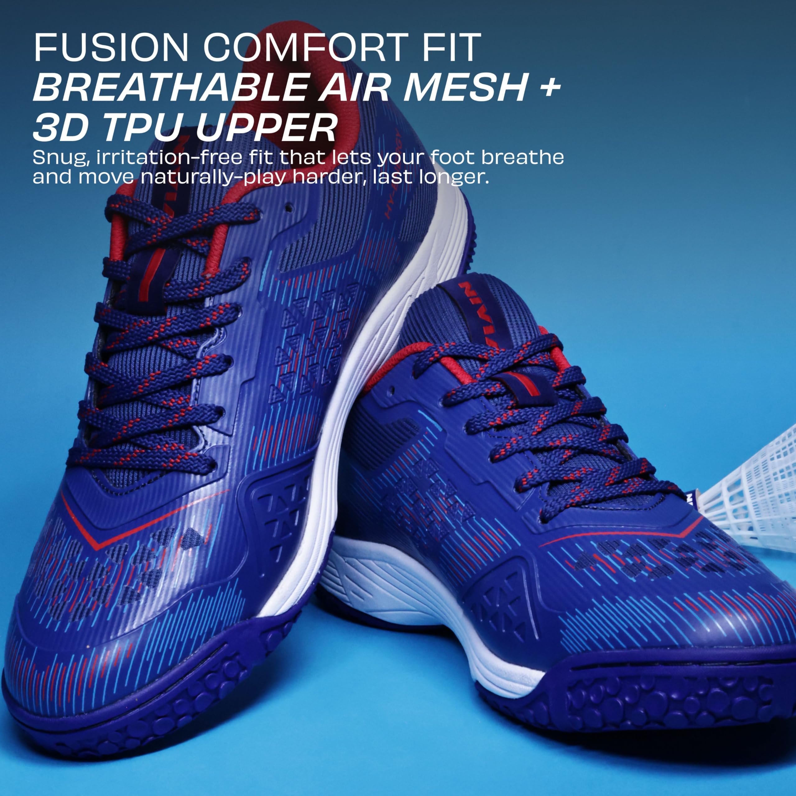 Nivia HY-Energy 2.0 Badminton Shoes for Men, Duofoam Cushion, Breathable Mesh, Ideal for Badminton, Volleyball, Squash, Table Tennis, Blue/Red, UK09