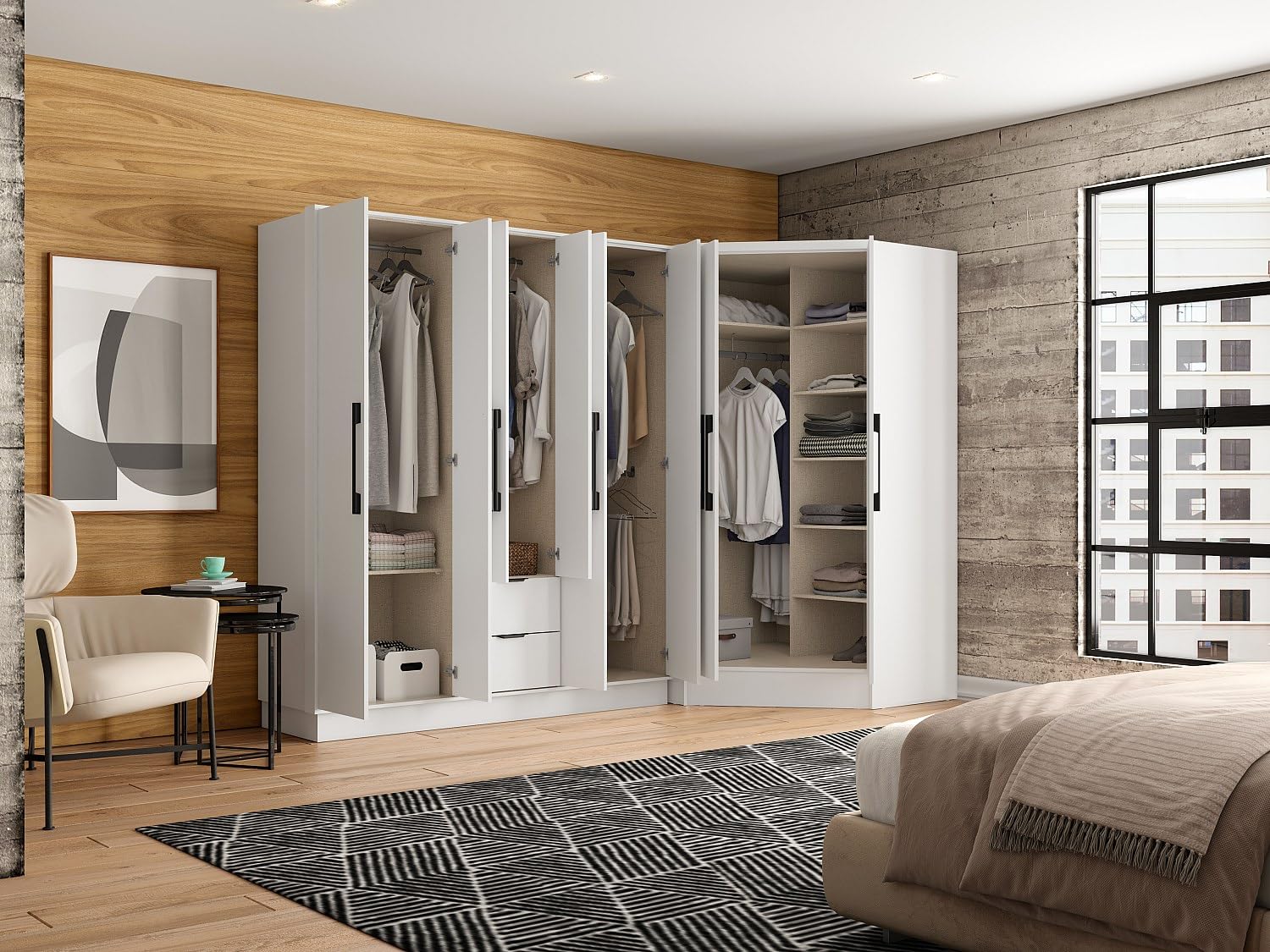 Vente-unique - Armadio angolare 8 ante e 2 cassetti L263 cm Bianco - FEOVA