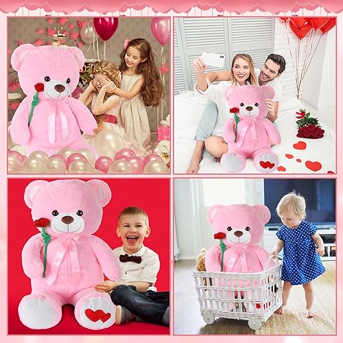 Miniatura 5 de Oso de peluche gigante de 39 pulgadas con lazo de cinta, rosa, suave, para niños, novia, cumpleaños (elegante)