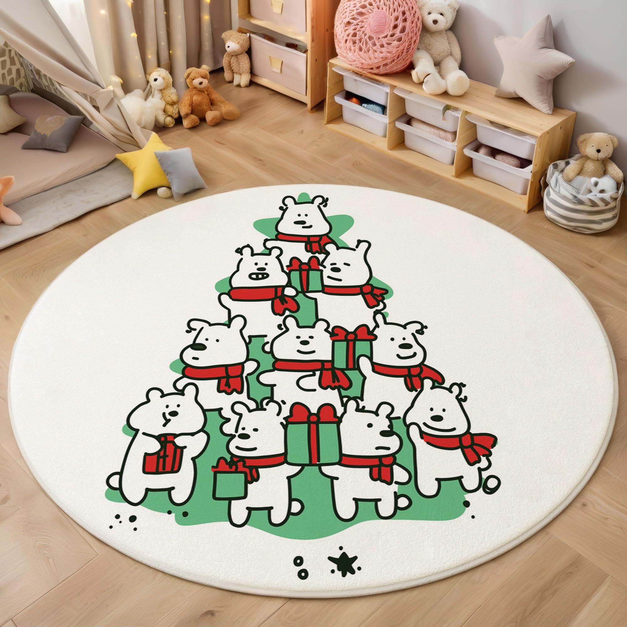 Tapis rond velours de cristal imprimé sapin de Noël blanc et vert haut de gamme
