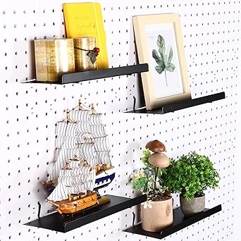 Beeveer 4 Pcs Pegboard Shelves Wall Organizer Peg Board Shelf Brackets Pegboard Steel Tray Pegboard Accessories Organizing Tools for Craft Home Garage Room Nursery Workbench, Black, 10.04 x 4.33 in