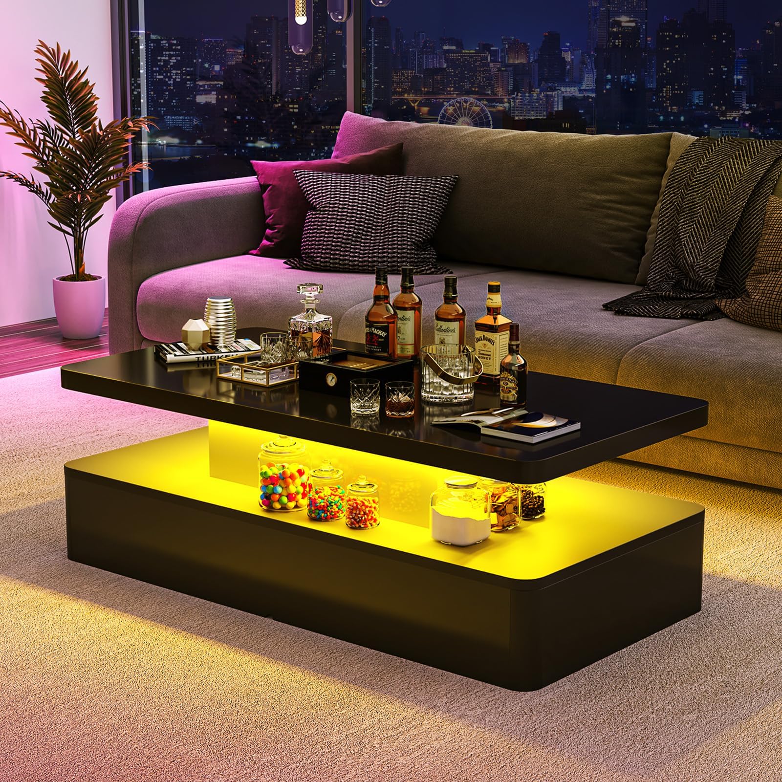 oneinmil Modern LED Coffee Table, 47" Living Room Tables with Double-Layer Design, 16 Colors LED Lights, Stylish Coffee Tables for Living Room, Home, Office, Black