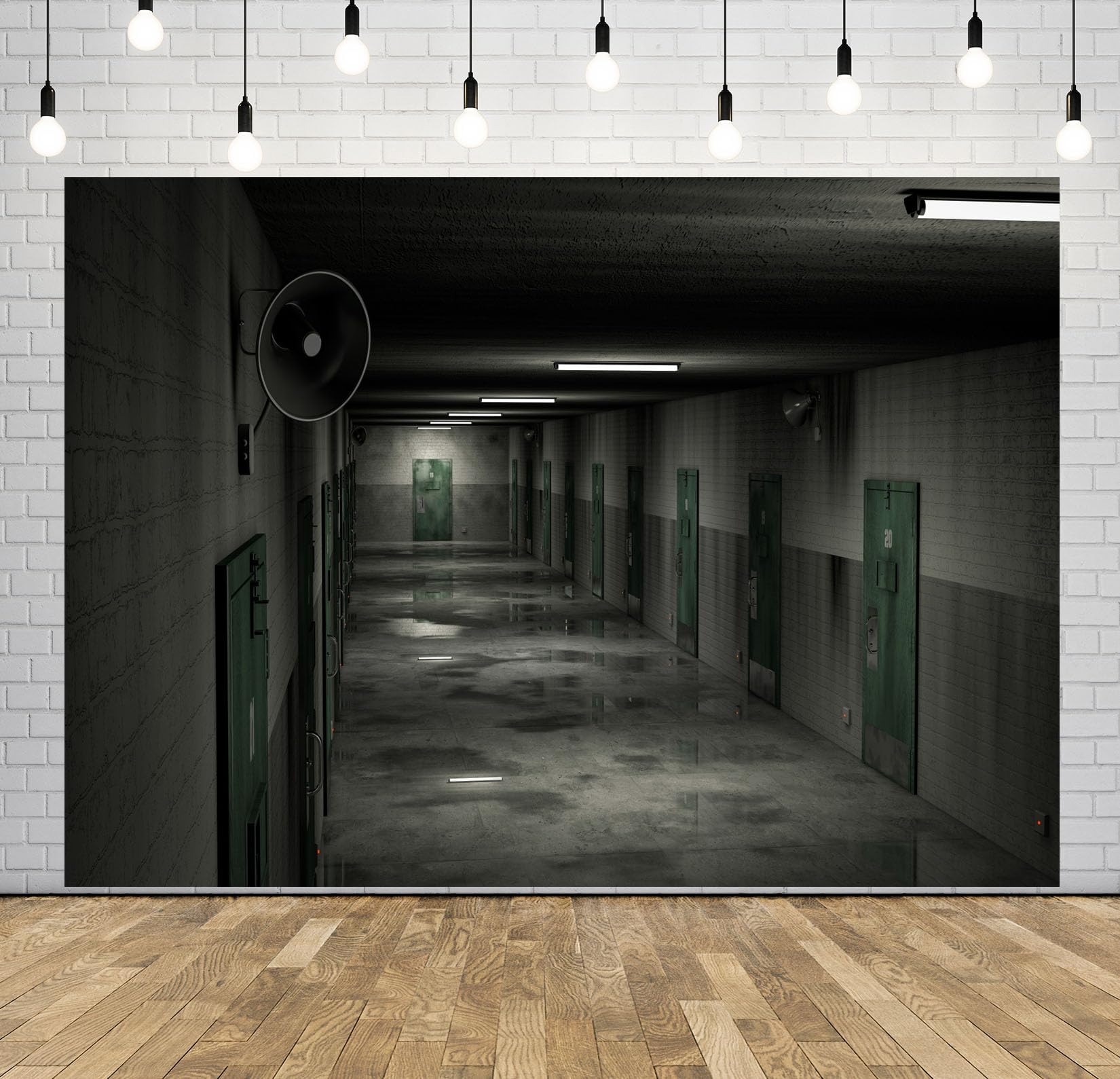 12x10FT (3.6x3m) Corridoio Scuro Con Porte Verdi Sfondo Fotografico