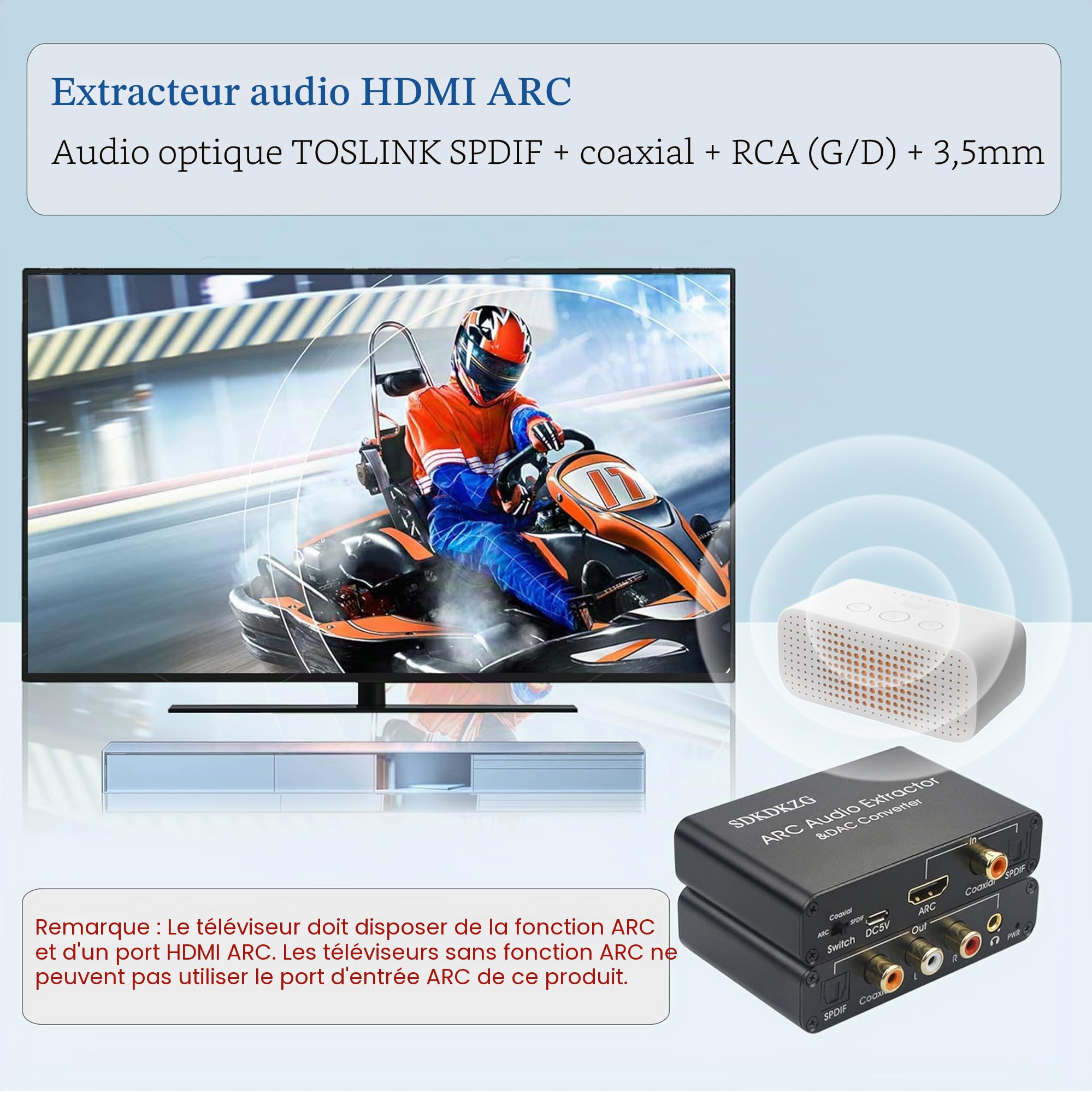Convertisseur DAC 192 KHz, extracteur audio HDMI ARC, HDMI/Digital SPDIF optique Toslink coaxial vers analogique RCA 3,5 mm Jack L/R coaxial SPDIF adaptateur audio pour HDTV, amplificateur
