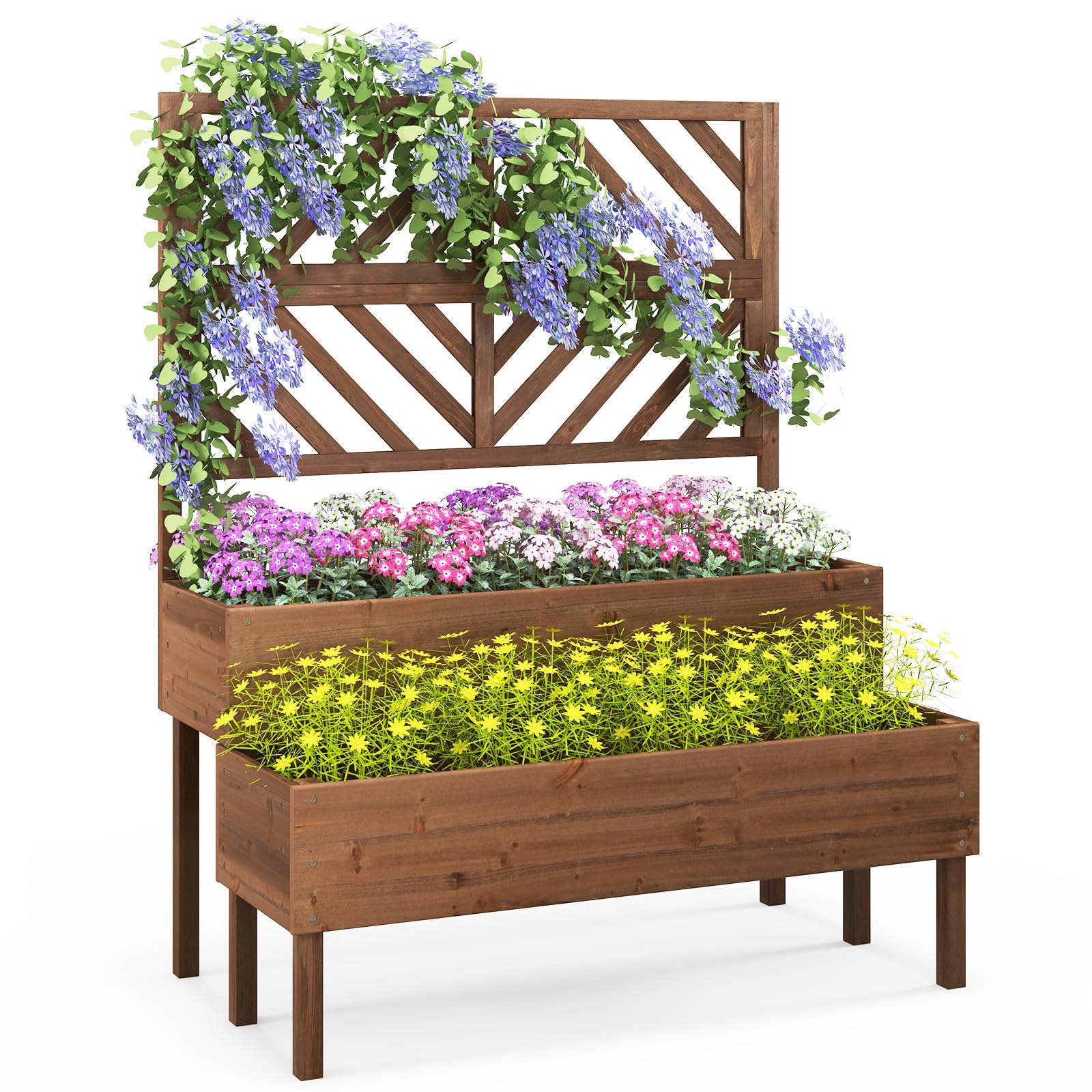GOPLUS Cama Elevada de Jardín con Enrejado, Jardinera Exterior para Plantas Trepadoras de 2 Niveles, Enrejado de Jardín con Orificio de Drenaje, Huerto para Flores para Terraza Patio Balcón (Marrón)