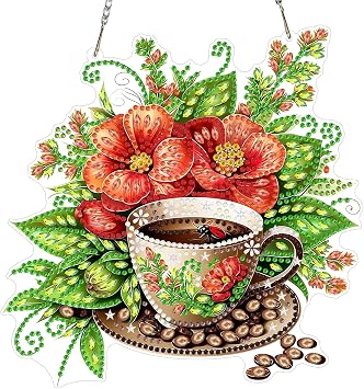 MXJSUA Flowers Coffee Cup Hanging Diamond Art Kits for Adults Pendant Suncatcher, DIY Special Shaped Crystal Pearl Diamond Ornaments Painting Accessories for Window Decor Gift