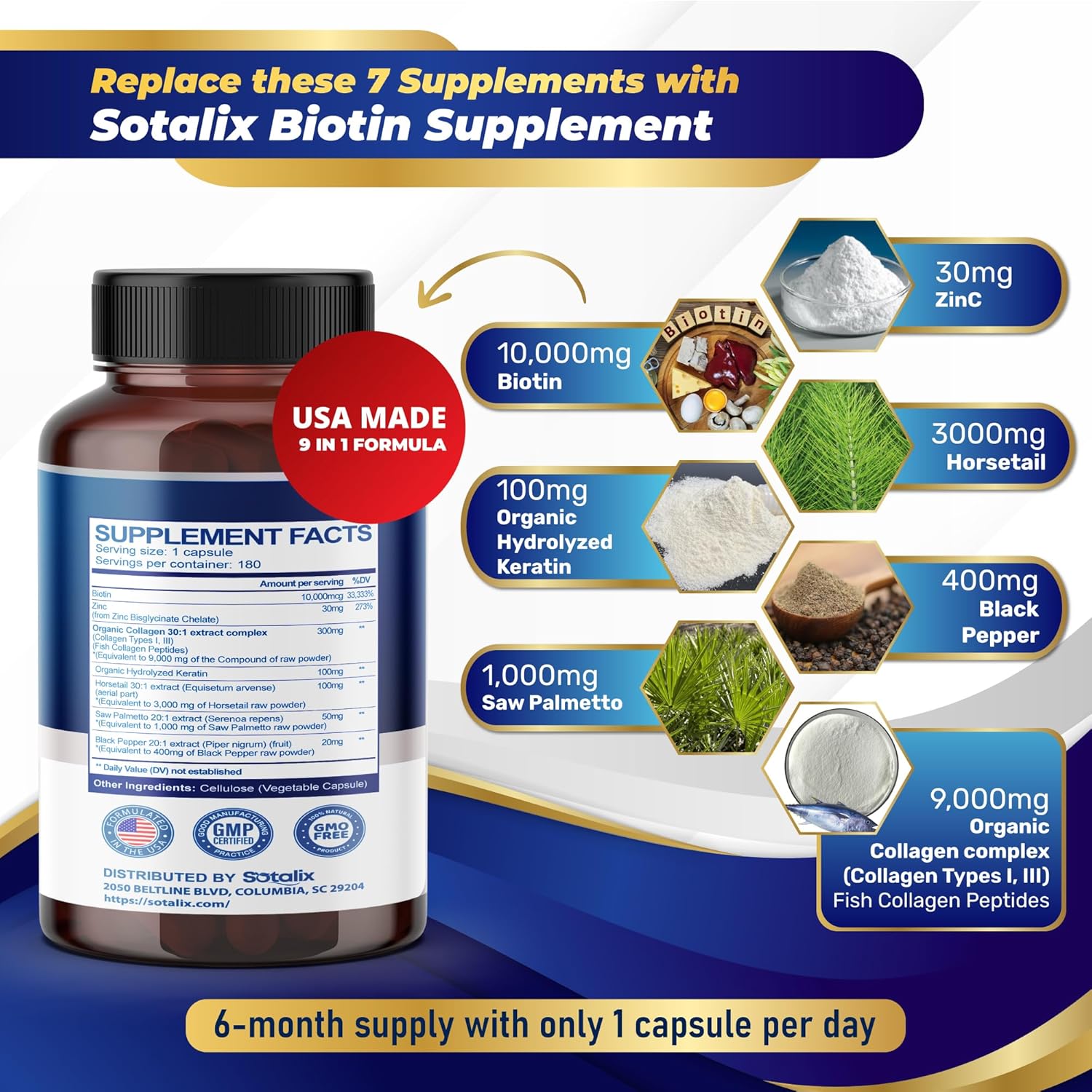 Biotin with Collagen + Keratin Horsetail + Saw Palmetto - Thick Hair, Vibrant Skin, Healthy Nails (180-day Supply (Pack of 1)) - Image 2