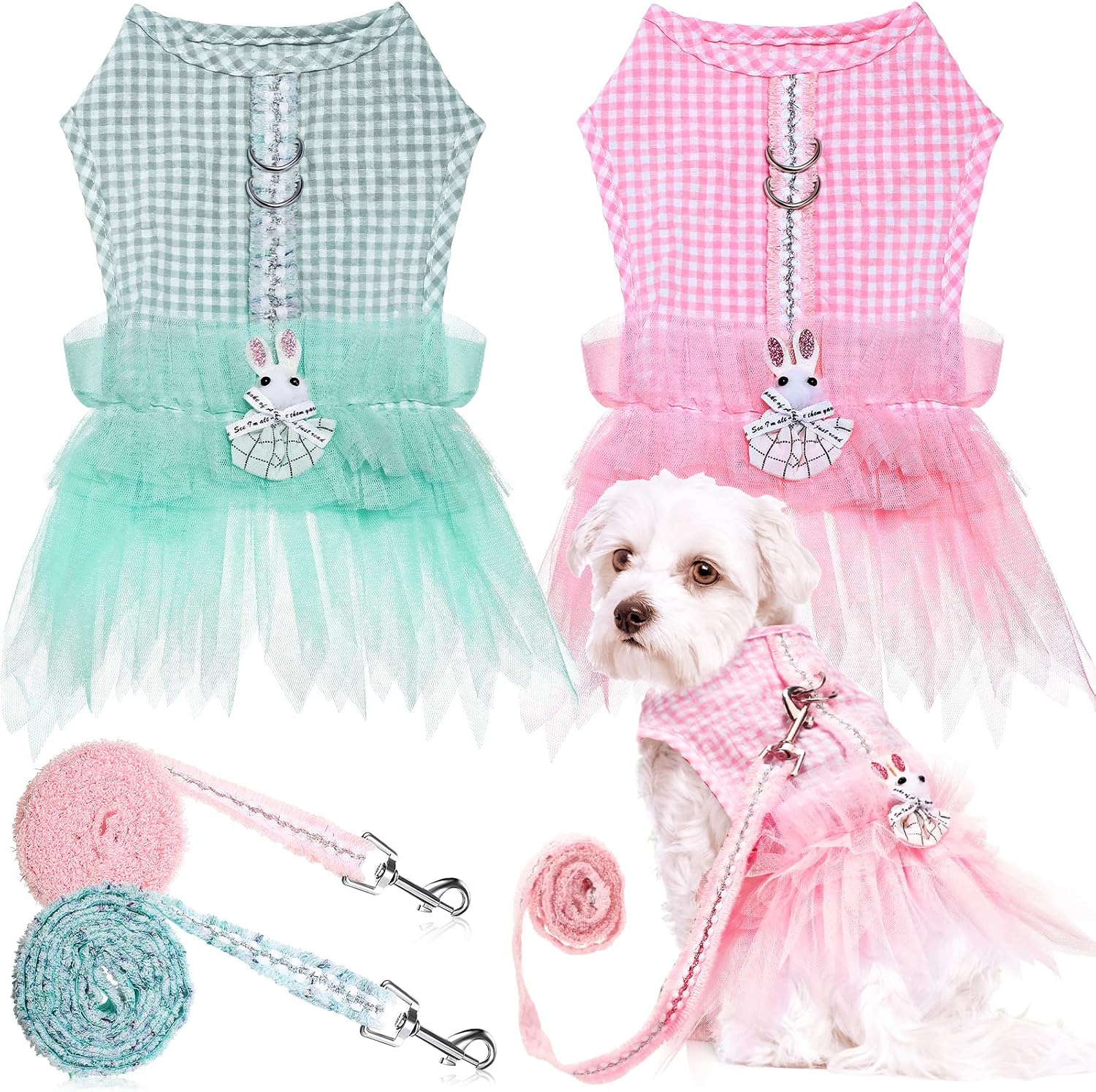 2 Pieces Dog Princess Dress with Leash Puppy Skirt Summer Dog Dress Clothes with Leash Ring for Puppy Cats Dogs (Large)