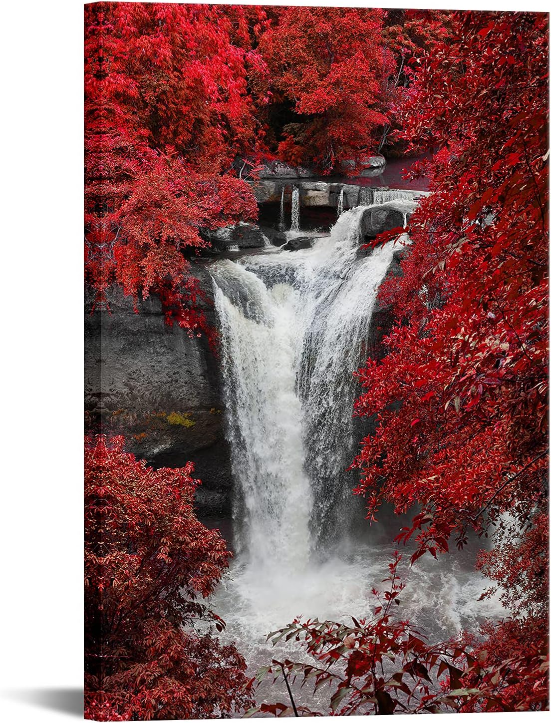 iKNOW FOTO Red Waterfall Canvas Wall Art Decor Vertical Decorative Prints Forest Landscape Picture for Living Room Kitchen Bedroom Office Home Decor Gift 24x36