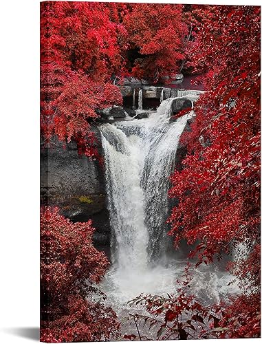 iKNOW FOTO Lienzo decorativo de cascada roja para pared, impresiones decorativas verticales, paisaje forestal, imagen para sala de estar, cocina,