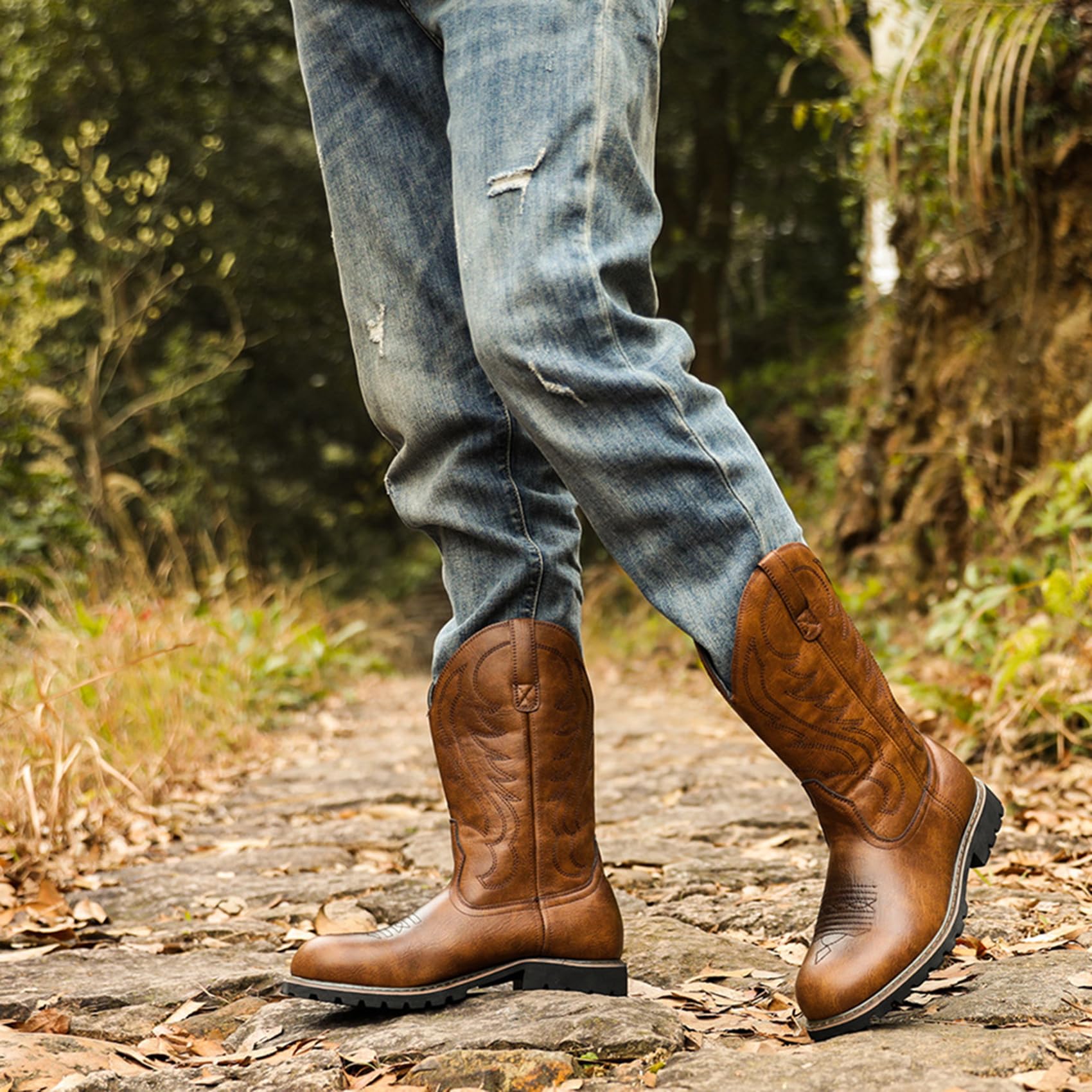 Stivali da Cowboy Western in Pelle con Punta Quadrata da Uomo Stivali da Lavoro Casual a metà Polpaccio Stivali Country Ricamati in Pelle Stivali Country Tradizionali Tradizionali