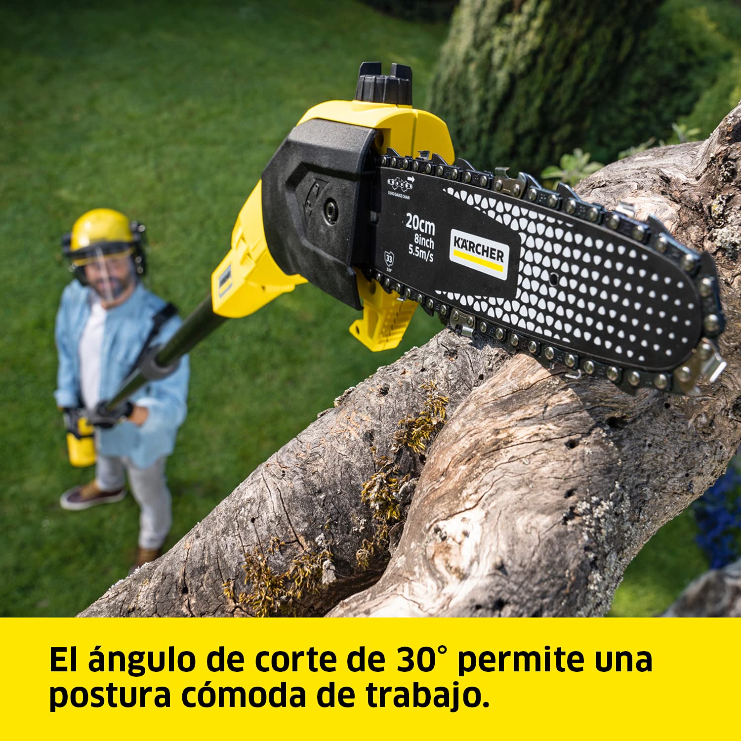 Kärcher 18 V Motosierra pértiga PSW 18-20, longitud de espada: 20 cm, largo: hasta 2,90 m, lubricación de cadena automática, máx. 80-160 cortes, compatible con batería 18 V Kärcher, batería no incl