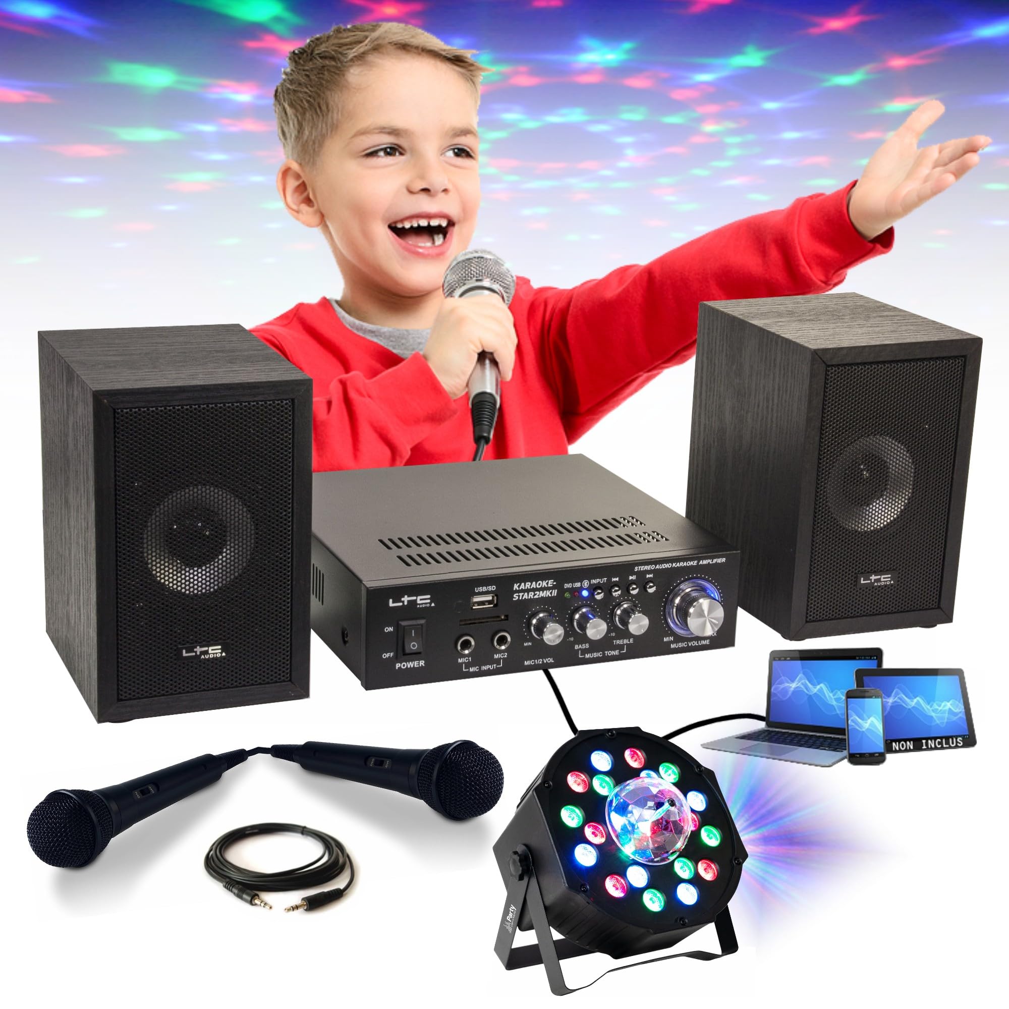 Générique Chanson Karaoke Pack LTC KARAOKE-STAR2MKII Enfant - 2 Enceintes 2 Micros 1 Ampli Bluetooth USB SD 100W - Projecteur 2-en-1 par Astro Musique Soirée Fête