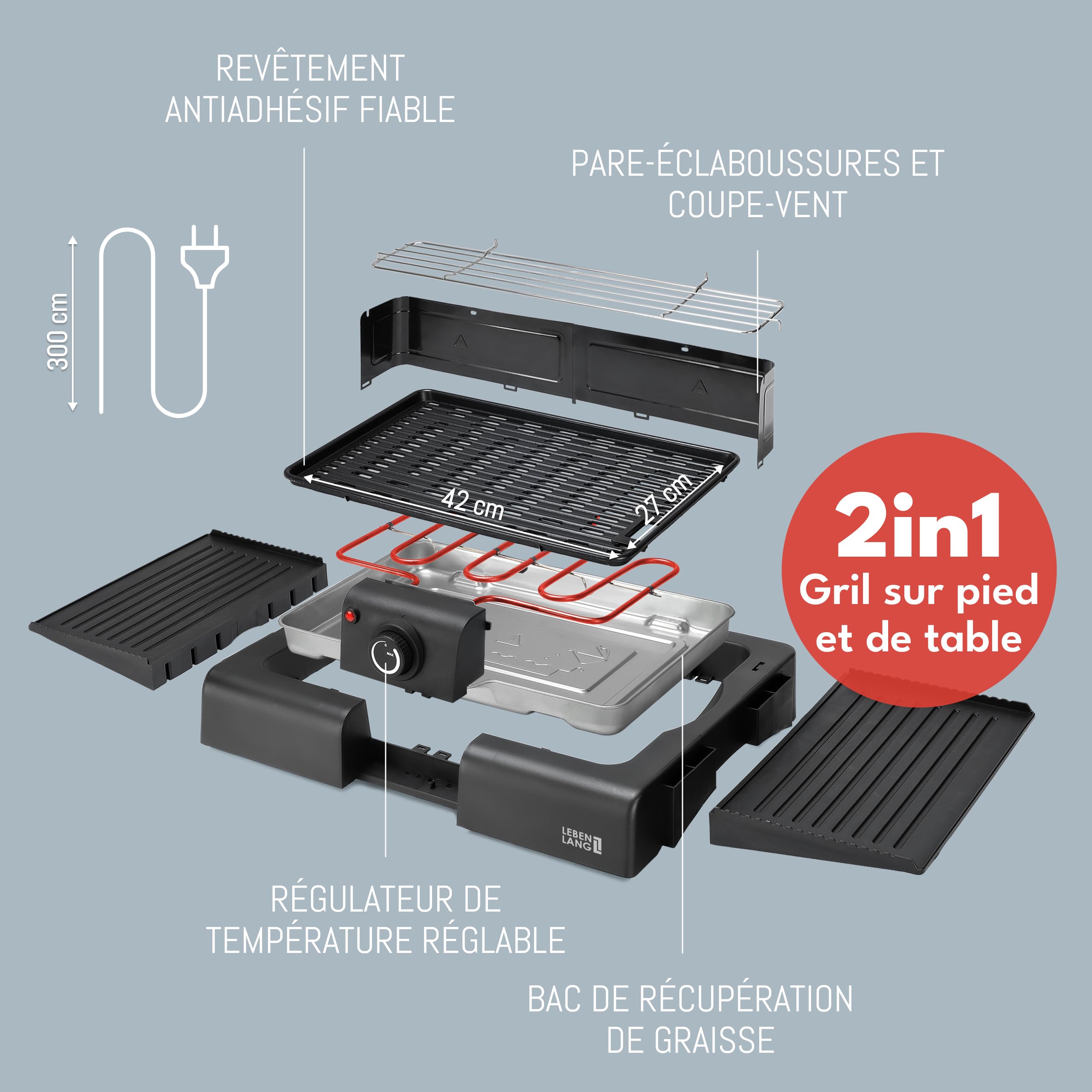 LEBENLANG 2in1 Barbecue electrique sur pied - Pieds & Pince à griller inclus I Grille viande électrique I Plancha électrique xxl Barbecue électriques exterieur I Barbecues d'extérieur Grills BBQ