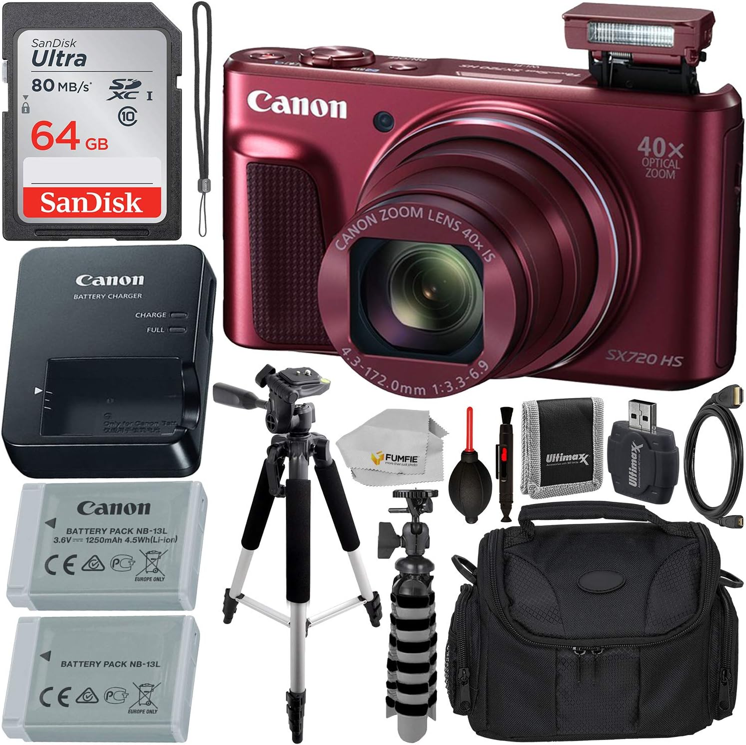 Canon PowerShot SX720 HS Digital Camera with Essential Accessory Bundle – Includes: SanDisk Ultra 64GB SD Memory Card, Extended Life Replacement Battery, Carrying Case, 57” Professional Tripod & More