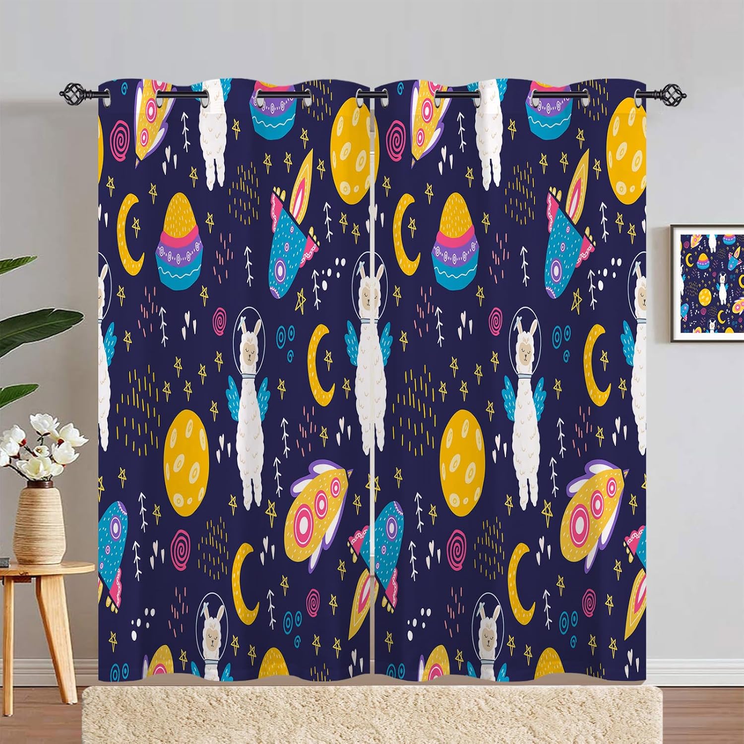 ANHOPE Llama Curtains Eyelet Rings Thermal Insulated Cute Space Animal