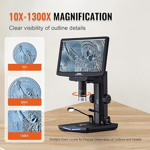 Miniatura 3 de VEVOR Microscopio digital HDMI LCD de 10.1 pulgadas para adultos, microscopio electrónico de soldadura 1300X con pantalla IPS, 8 luces LED, 2 luces