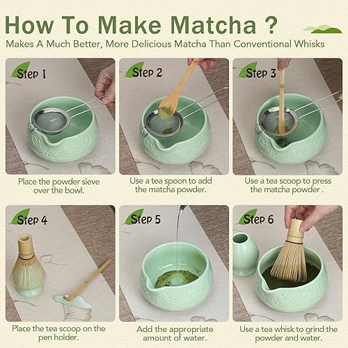 Miniatura 4 de Juego de batidor de matcha, cuenco de cerámica con boquilla, batidor y cuchara de bambú matcha, soporte para Chasen, soporte para cucharada, tamiz,