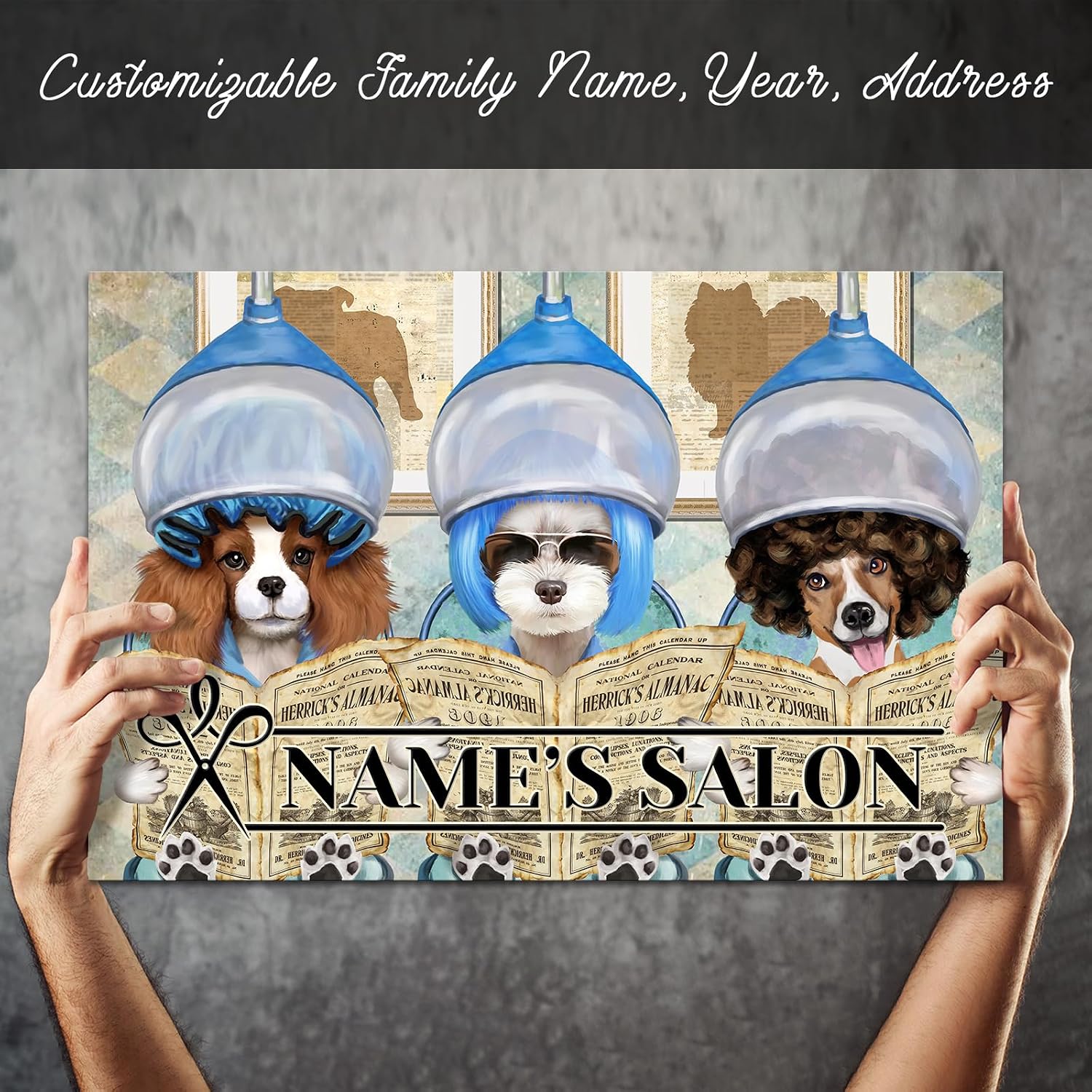 iLOOKLiKE Personalized Salon Sign with Name Wall Art Blue Dog Canvas Prints Custom Vintage Dog Grooming Hairstyle and Reading Magazines Giclee Poster Home Decor for Beauty Shop Groomer