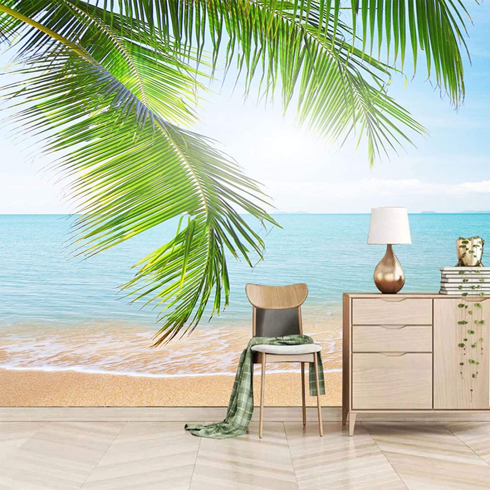Papier peint panoramique 3D plage bleu en intissé haut de gamme