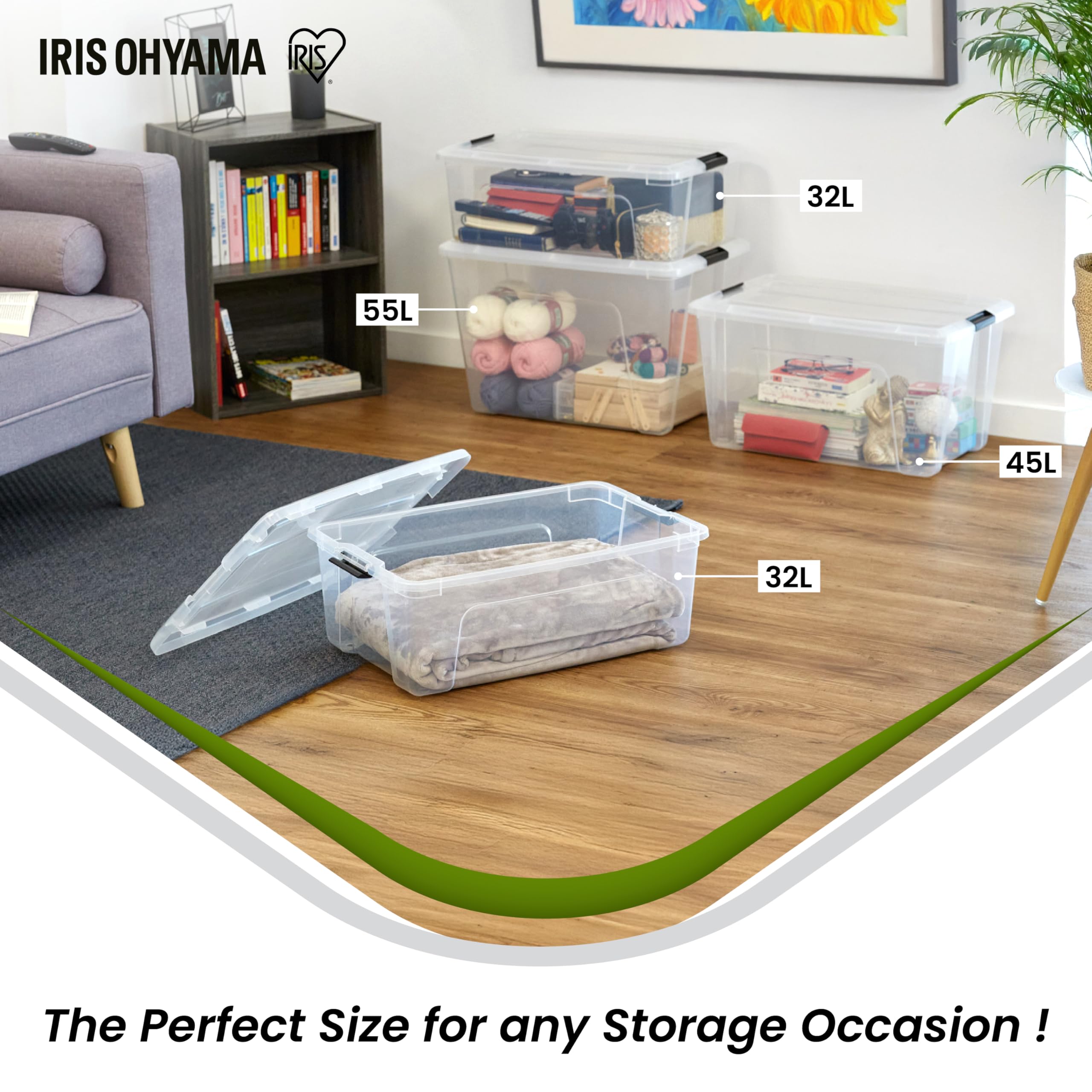 Iris Ohyama, Boite Rangement Plastique avec Couvercle, 55L, Lot de 3, Transparent, 98% en Plastique Recyclé, Clips de Fermeture, Poignée, Empilable, pour Chambre, Dressing, Bureau, Sans BPA, BSB-55