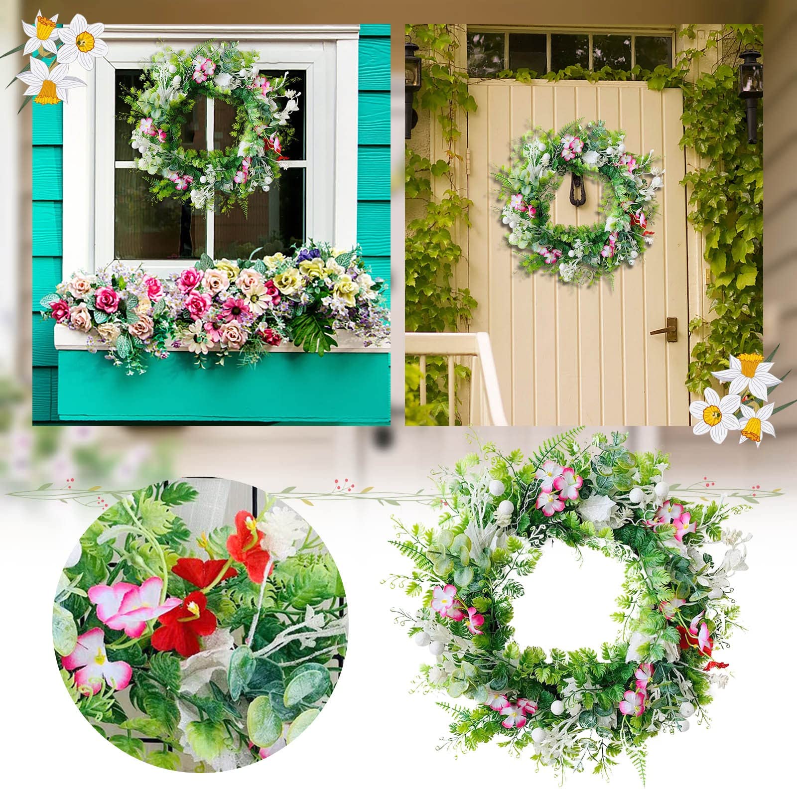 Corona De Flores Artificiales para Puerta De Entrada, Corona De Verano para Puerta De Entrada, Corona De Eucalipto Verde De Verano, Decoración De Flores De Mariposa para Boda, Pare