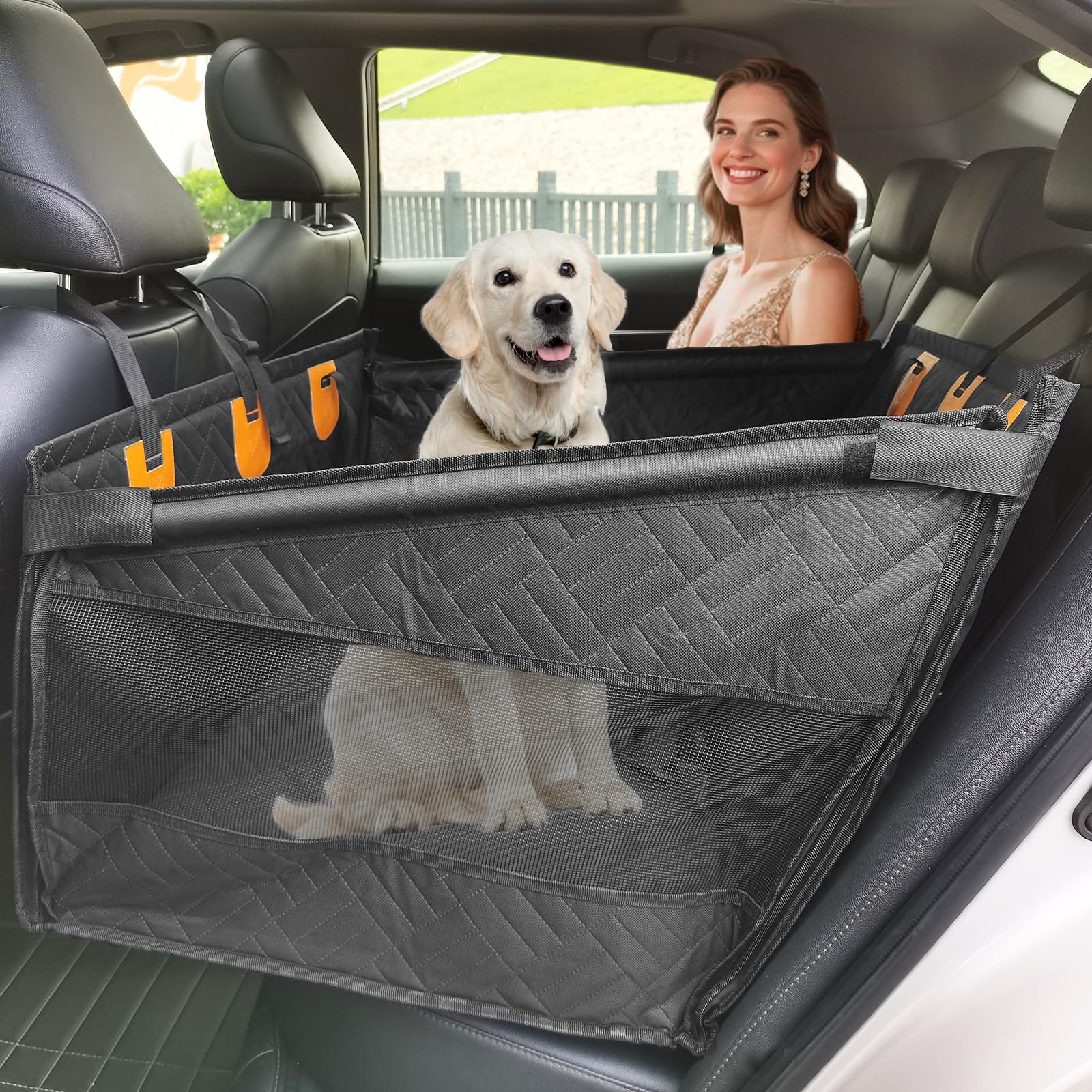 Dog Car Seat for Large Dogs & Medium Dogs Up to 110 lbs - Pet Backseat with Waterproof Cover, Adjustable Safety Belt, Breathable Mesh & Storage Pocket