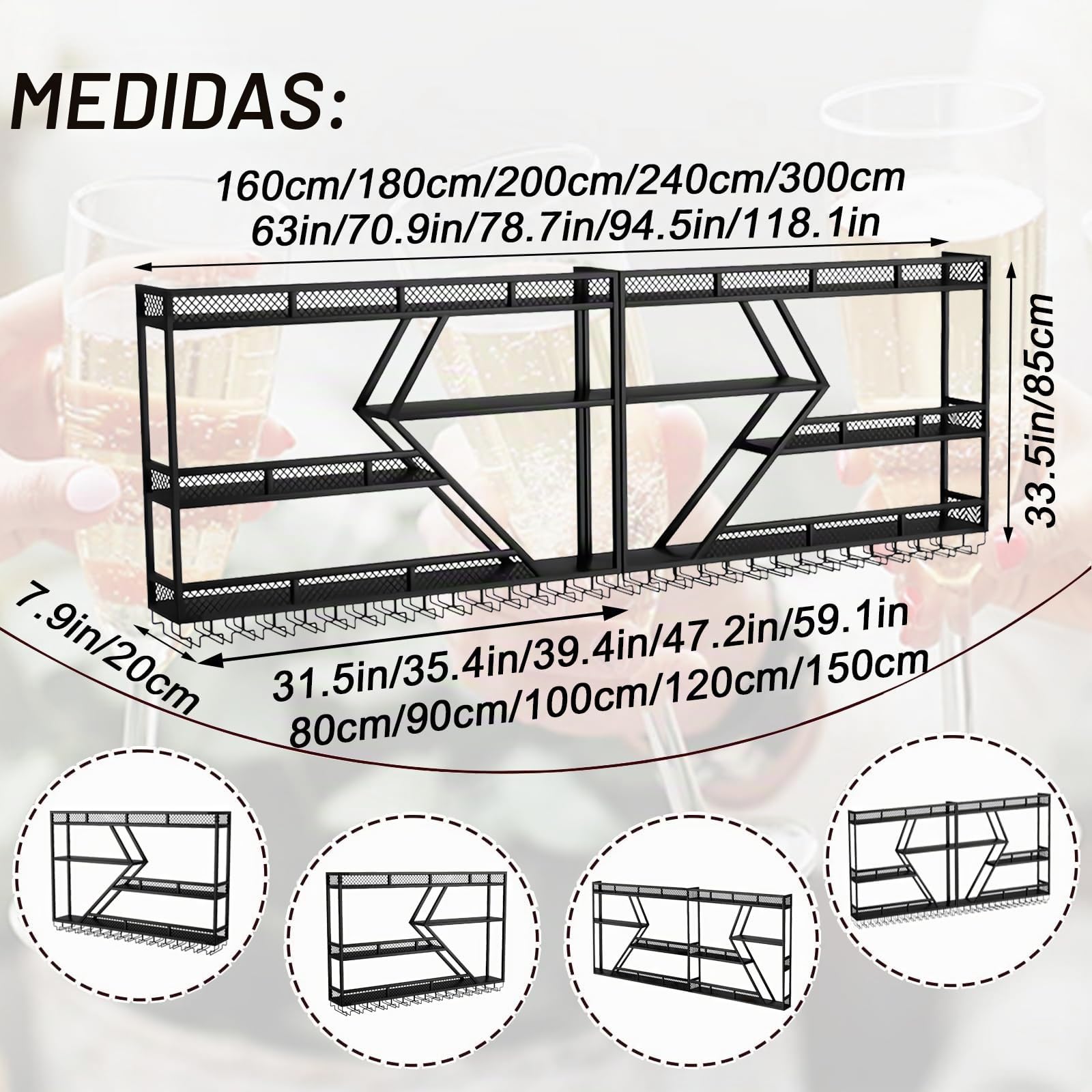 Botellero de Vino de Pared, Grande Estante de Vino Decorativo Industrial de Metal con Portavasos para Copas, Estante Flotantes para Exhibición De Vinos Botellero para (Gold, 3 Tier,200cm)